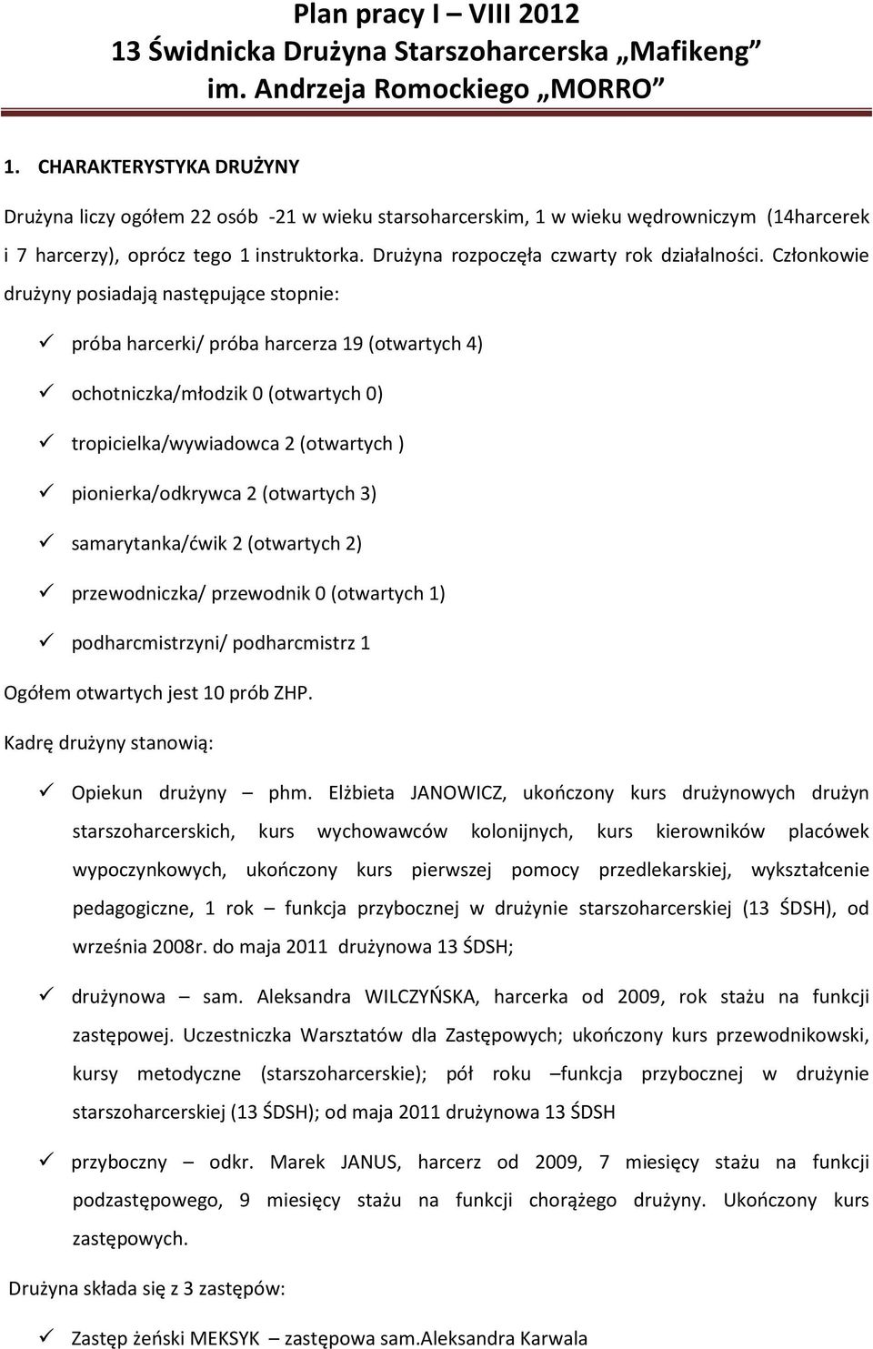 Członkowie drużyny posiadają następujące stopnie: próba harcerki/ próba harcerza 19 (otwartych 4) ochotniczka/młodzik 0 (otwartych 0) tropicielka/wywiadowca 2 (otwartych) pionierka/odkrywca 2