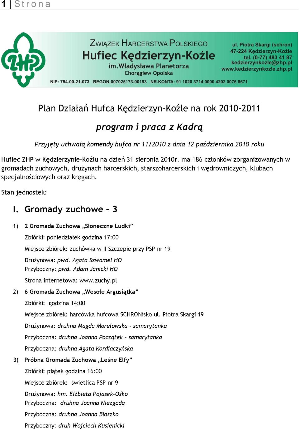 Gromady zuchowe 3 1) 2 Gromada Zuchowa Słoneczne Ludki Zbiórki: poniedziałek godzina 17:00 Miejsce zbiórek: zuchówka w II Szczepie przy PSP nr 19 Drużynowa: pwd. Agata Szwamel HO Przyboczny: pwd.