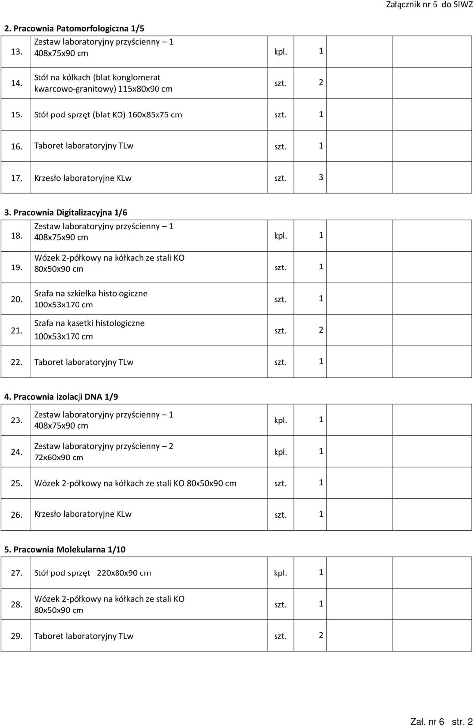Szafa na szkiełka histologiczne 100x53x170 cm Szafa na kasetki histologiczne 100x53x170 cm 22. Taboret laboratoryjny TLw 4. Pracownia izolacji DNA 1/9 23. 24. 408x75x90 cm 72x60x90 cm 25.