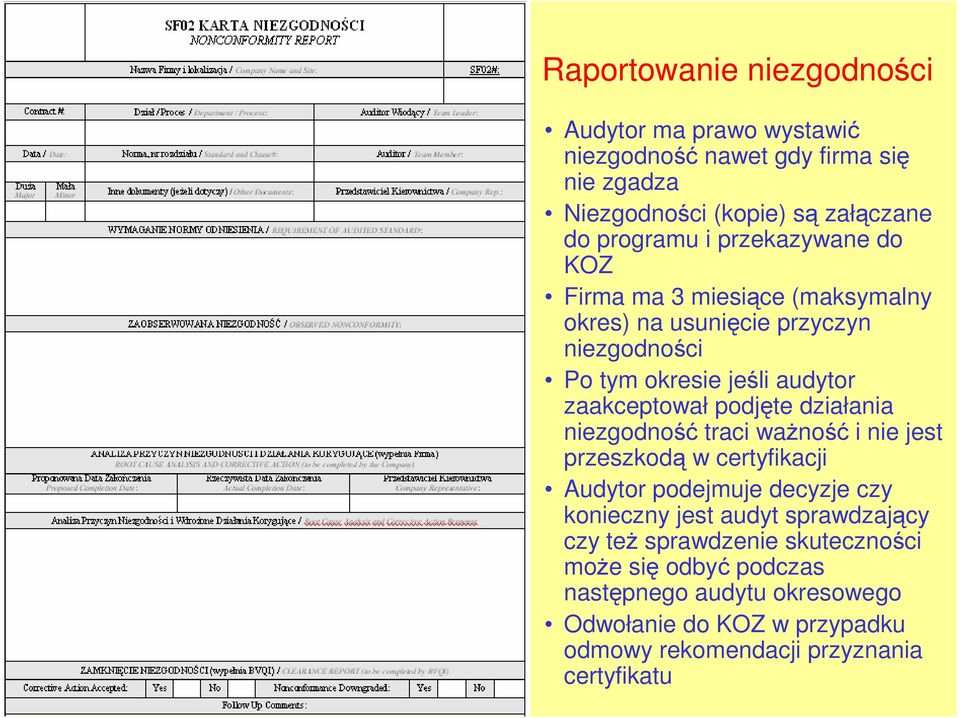 działania niezgodność traci waŝność i nie jest przeszkodą w certyfikacji Audytor podejmuje decyzje czy konieczny jest audyt sprawdzający czy teŝ