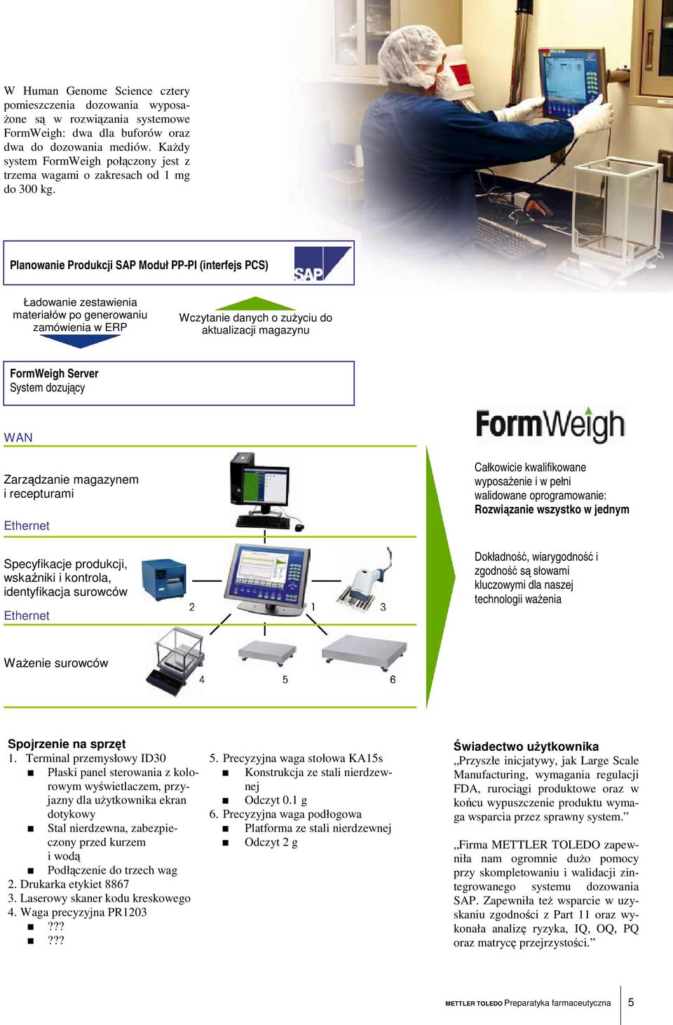 Planowanie Produkcji SAP Moduł PP-PI (interfejs PCS) Ładowanie zestawienia materiałów po generowaniu zamówienia w ERP Wczytanie danych o zuyciu do aktualizacji magazynu FormWeigh Server System