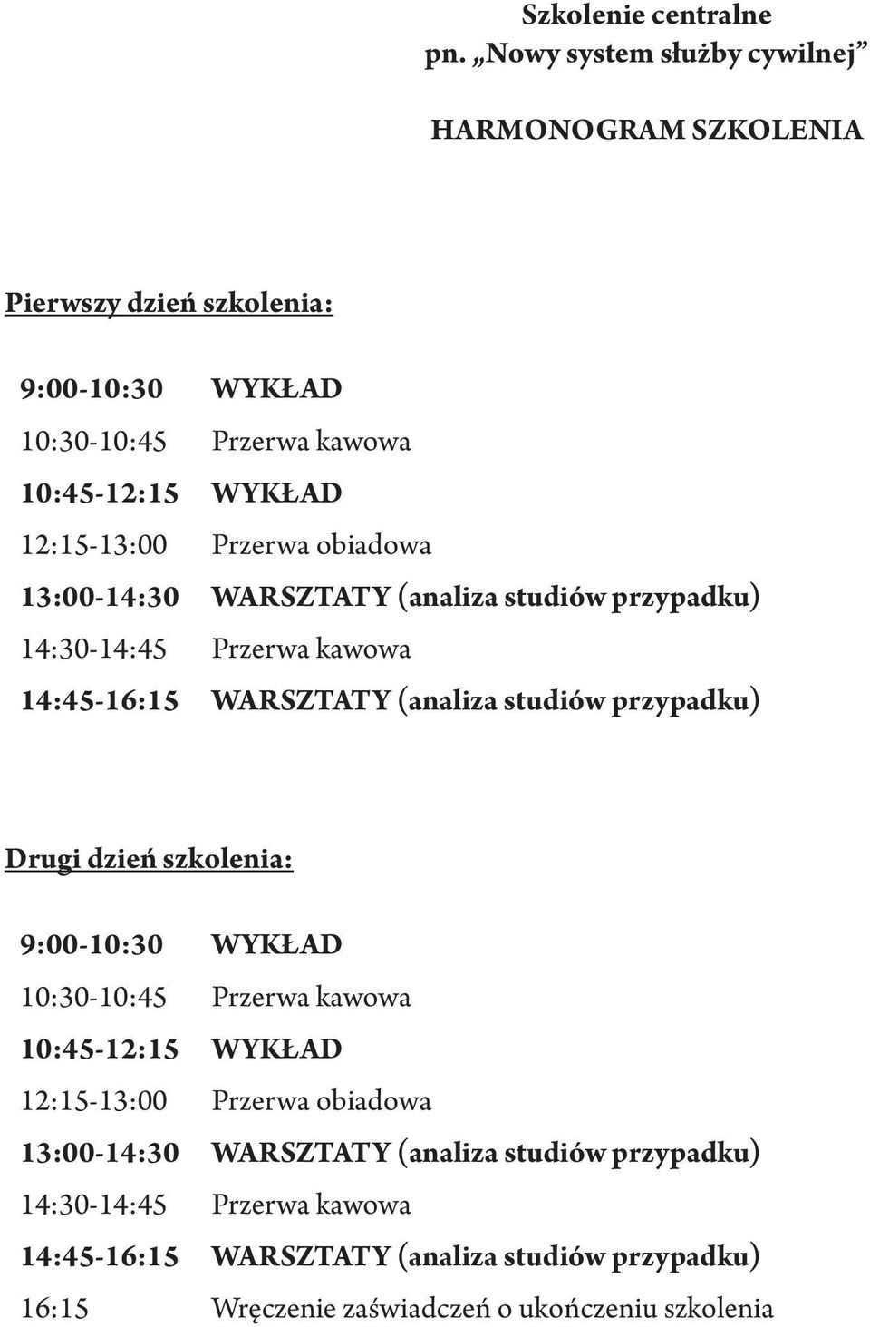 Przerwa obiadowa 13:00-14:30 WARSZTATY (analiza studiów przypadku) 14:30-14:45 Przerwa kawowa 14:45-16:15 WARSZTATY (analiza studiów przypadku) Drugi