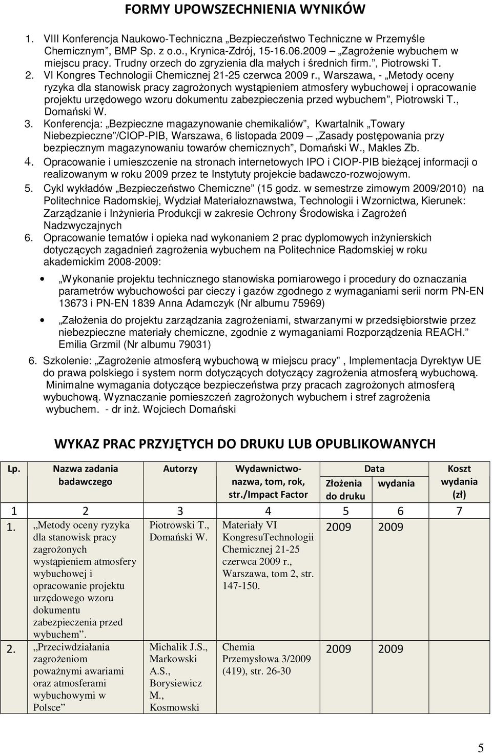 , Warszawa, - Metody oceny ryzyka dla stanowisk pracy zagroŝonych wystąpieniem atmosfery wybuchowej i opracowanie projektu urzędowego wzoru dokumentu zabezpieczenia przed wybuchem, Piotrowski T.