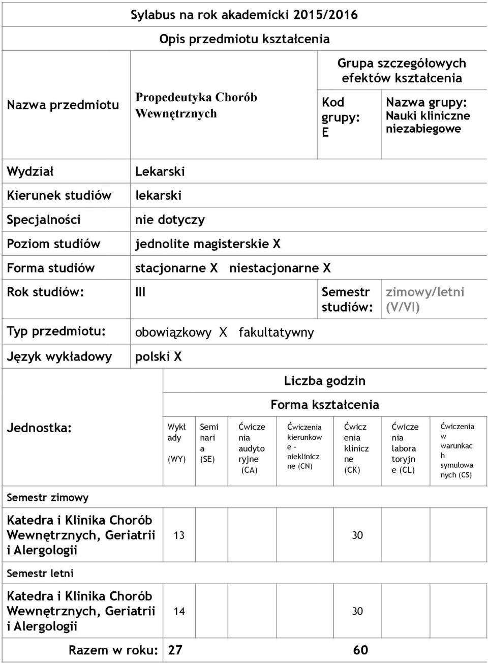 Typ przedmiotu: Język wykładowy Jednostka: Semestr zimowy obowiązkowy X fakultatywny polski X Wykł ady (WY) Semi nari a (SE) Ćwicze nia audyto ryjne (CA) Liczba godzin Forma kształcenia Ćwiczenia