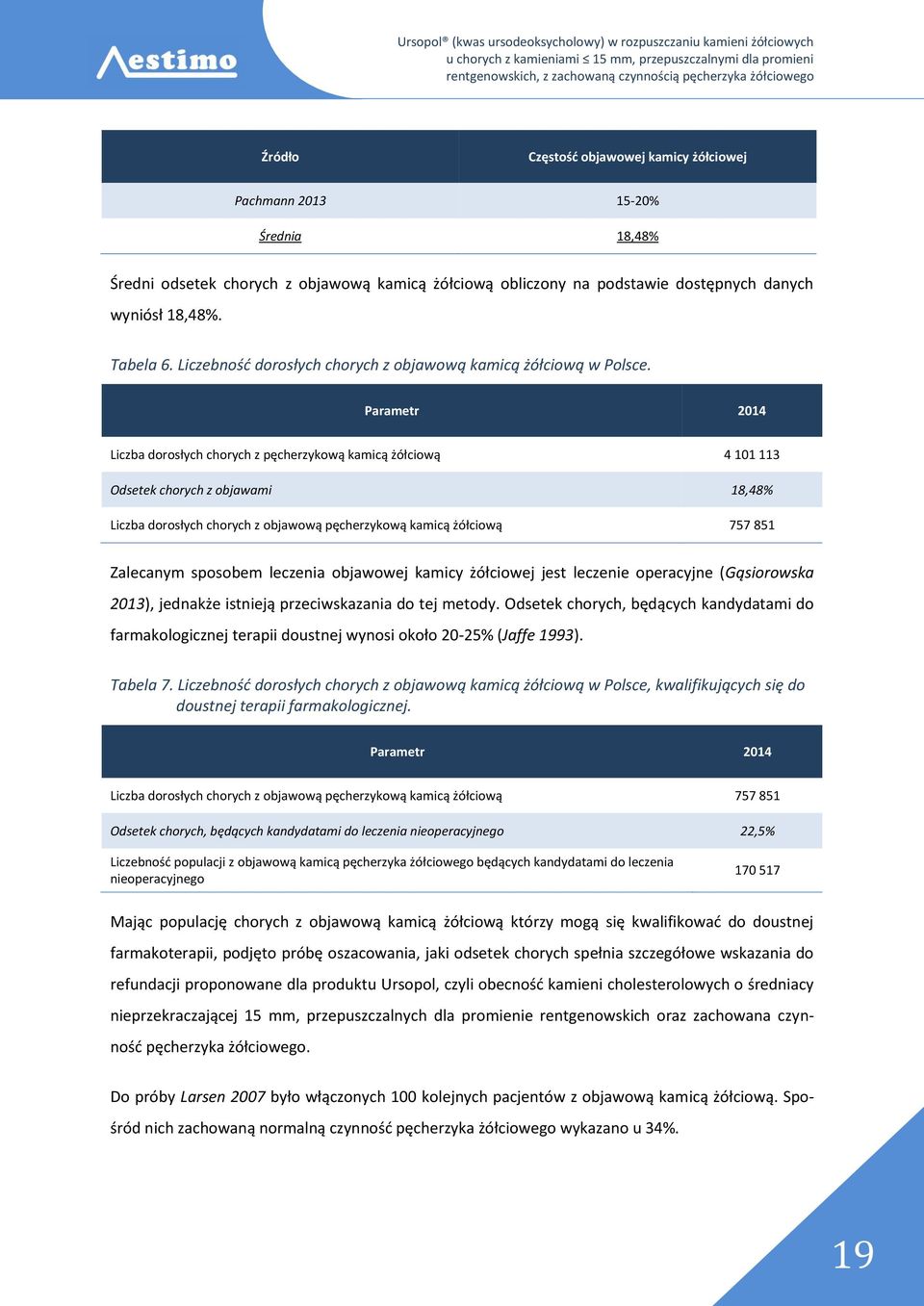 Parametr 2014 Liczba dorosłych chorych z pęcherzykową kamicą żółciową 4 101 113 Odsetek chorych z objawami 18,48% Liczba dorosłych chorych z objawową pęcherzykową kamicą żółciową 757 851 Zalecanym