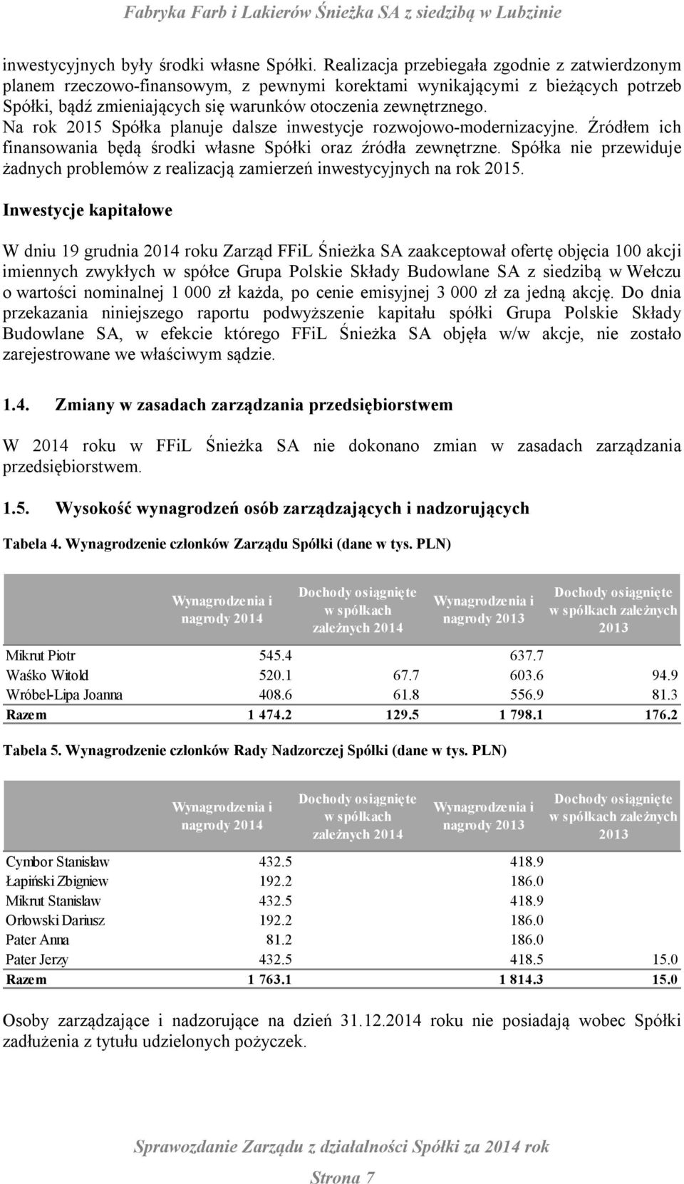 Na rok 2015 Spółka planuje dalsze inwestycje rozwojowo-modernizacyjne. Źródłem ich finansowania będą środki własne Spółki oraz źródła zewnętrzne.