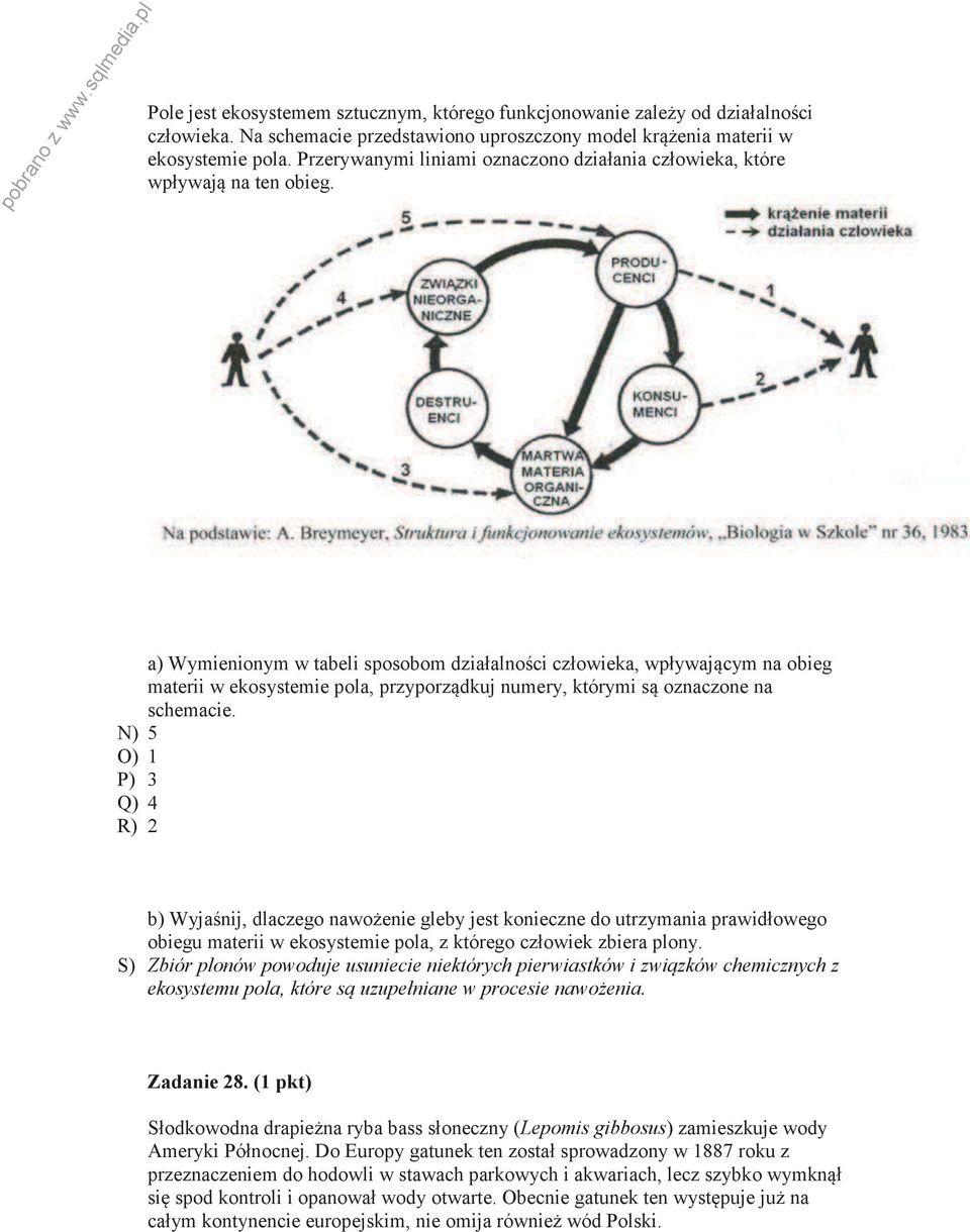 a) Wymienionym w tabeli sposobom działalności człowieka, wpływającym na obieg materii w ekosystemie pola, przyporządkuj numery, którymi są oznaczone na schemacie.