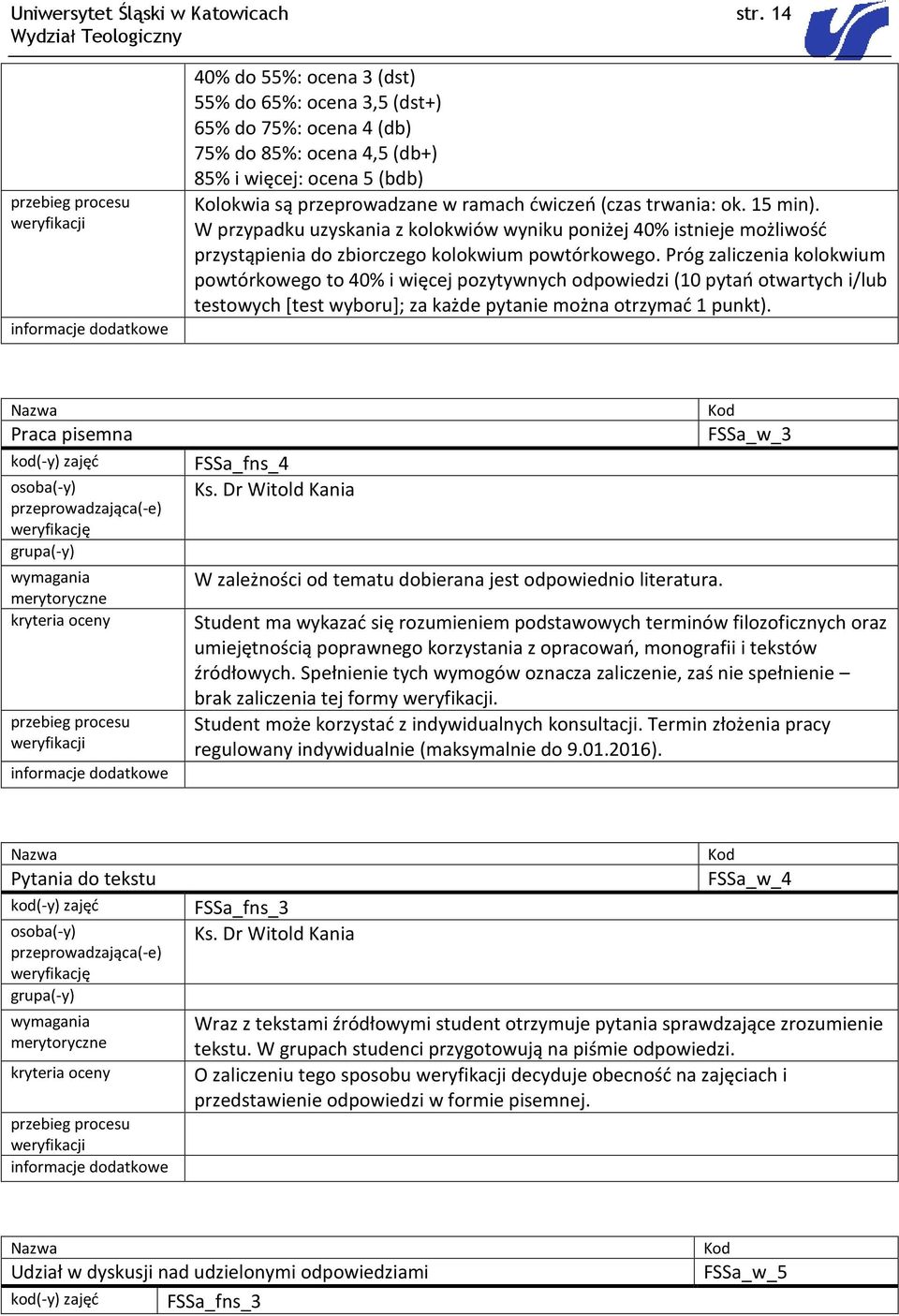 ok. 15 min). W przypadku uzyskania z kolokwiów wyniku poniżej 40% istnieje możliwość przystąpienia do zbiorczego kolokwium powtórkowego.