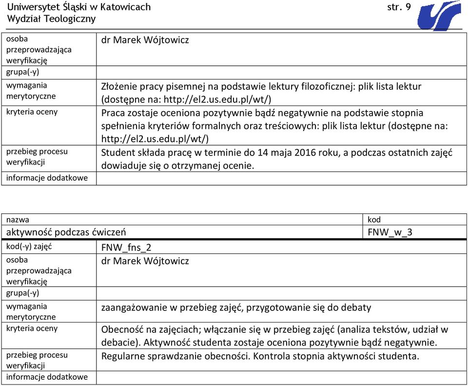 aktywność podczas ćwiczeń (-y) FNW_fns_2 dr Marek Wójtowicz osoba przeprowadzająca weryfikację zaangażowanie w przebieg, przygotowanie się do debaty FNW_w_3 Obecność na zajęciach; włączanie się w