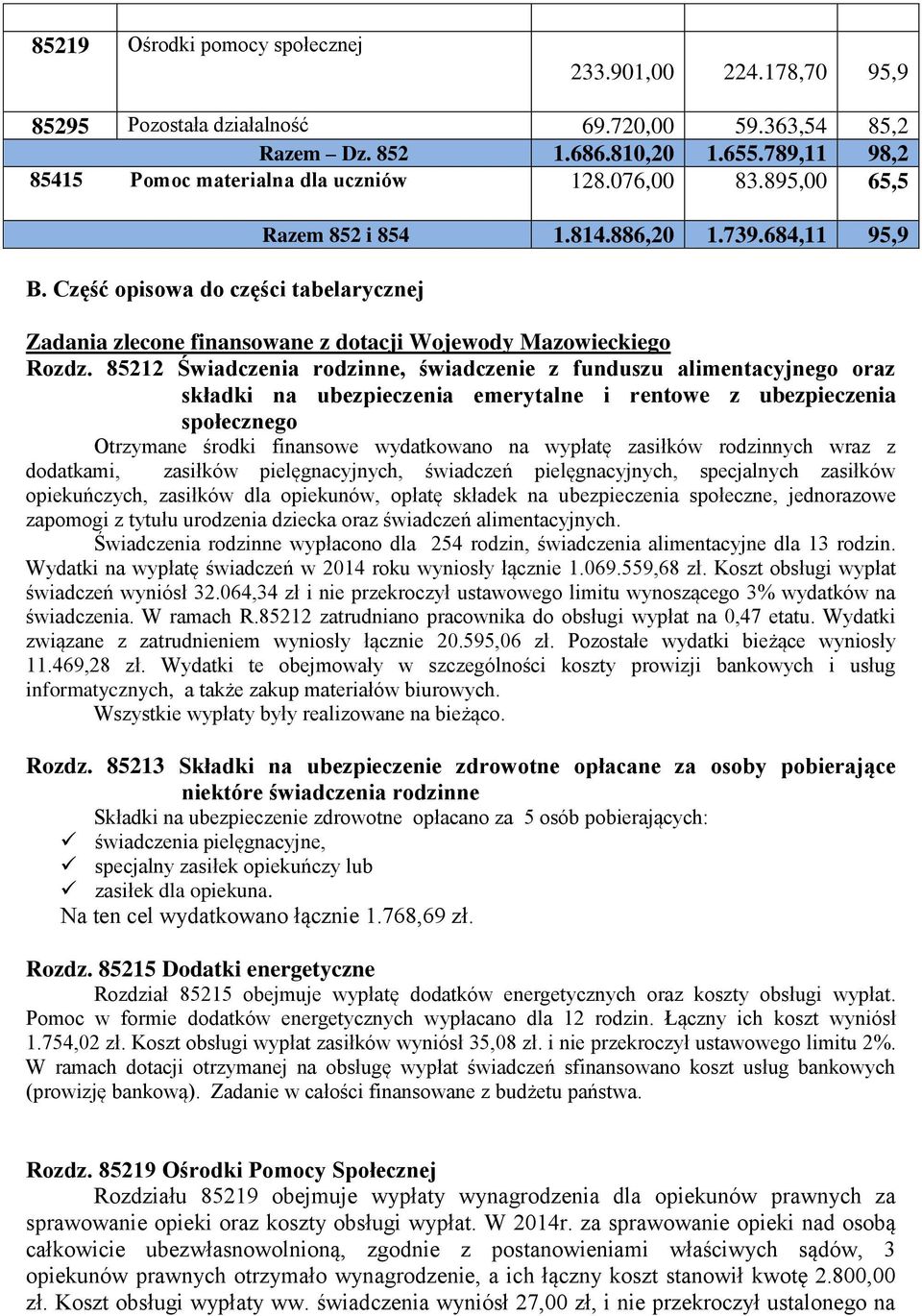 85212 Świadczenia rodzinne, świadczenie z funduszu alimentacyjnego oraz składki na ubezpieczenia emerytalne i rentowe z ubezpieczenia społecznego Otrzymane środki finansowe wydatkowano na wypłatę