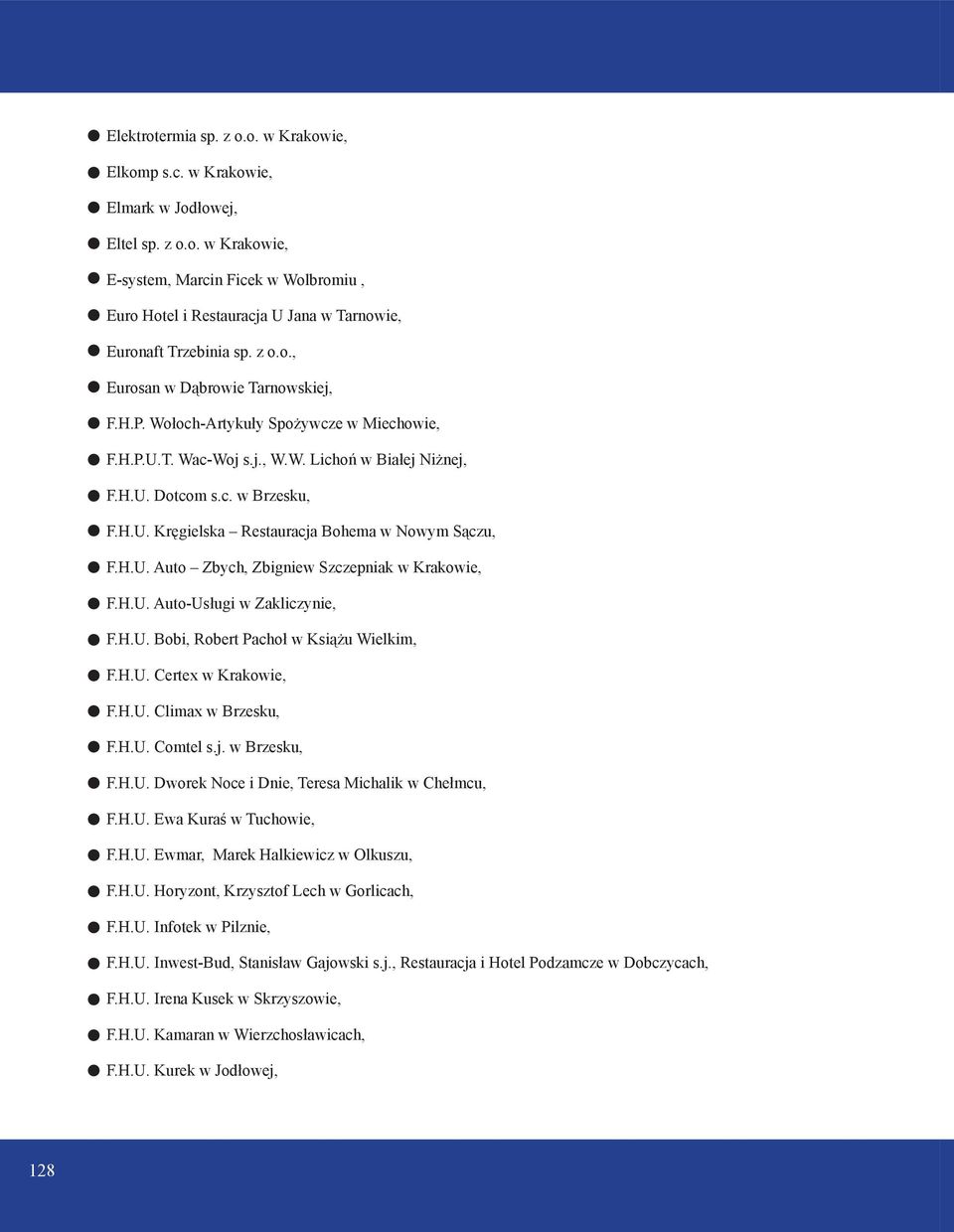 H.U. Auto Zbych, Zbigniew Szczepniak w Krakowie, F.H.U. Auto-Usługi w Zakliczynie, F.H.U. Bobi, Robert Pachoł w Książu Wielkim, F.H.U. Certex w Krakowie, F.H.U. Climax w Brzesku, F.H.U. Comtel s.j.