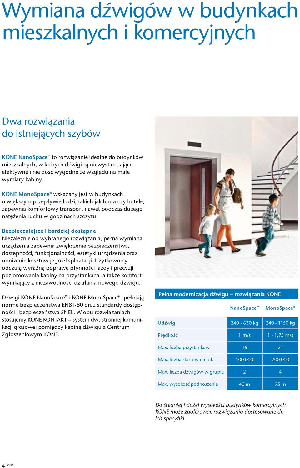 KONE MonoSpace wskazany jest w budynkach o większym przepływie ludzi, takich jak biura czy hotele; zapewnia komfortowy transport nawet podczas dużego natężenia ruchu w godzinach szczytu.