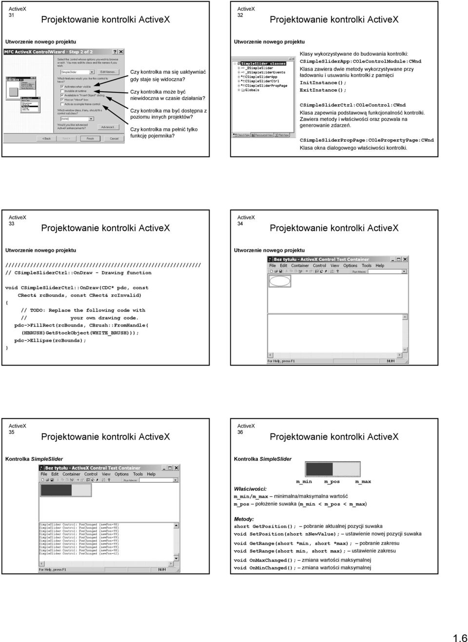 Klasa zawiera dwie metody wykorzystywane przy ładowaniu i usuwaniu kontrolki z pamięci InitInstance(); ExitInstance(); CSimpleSliderCtrl:COleControl:CWnd Klasa zapewnia podstawową funkcjonalność