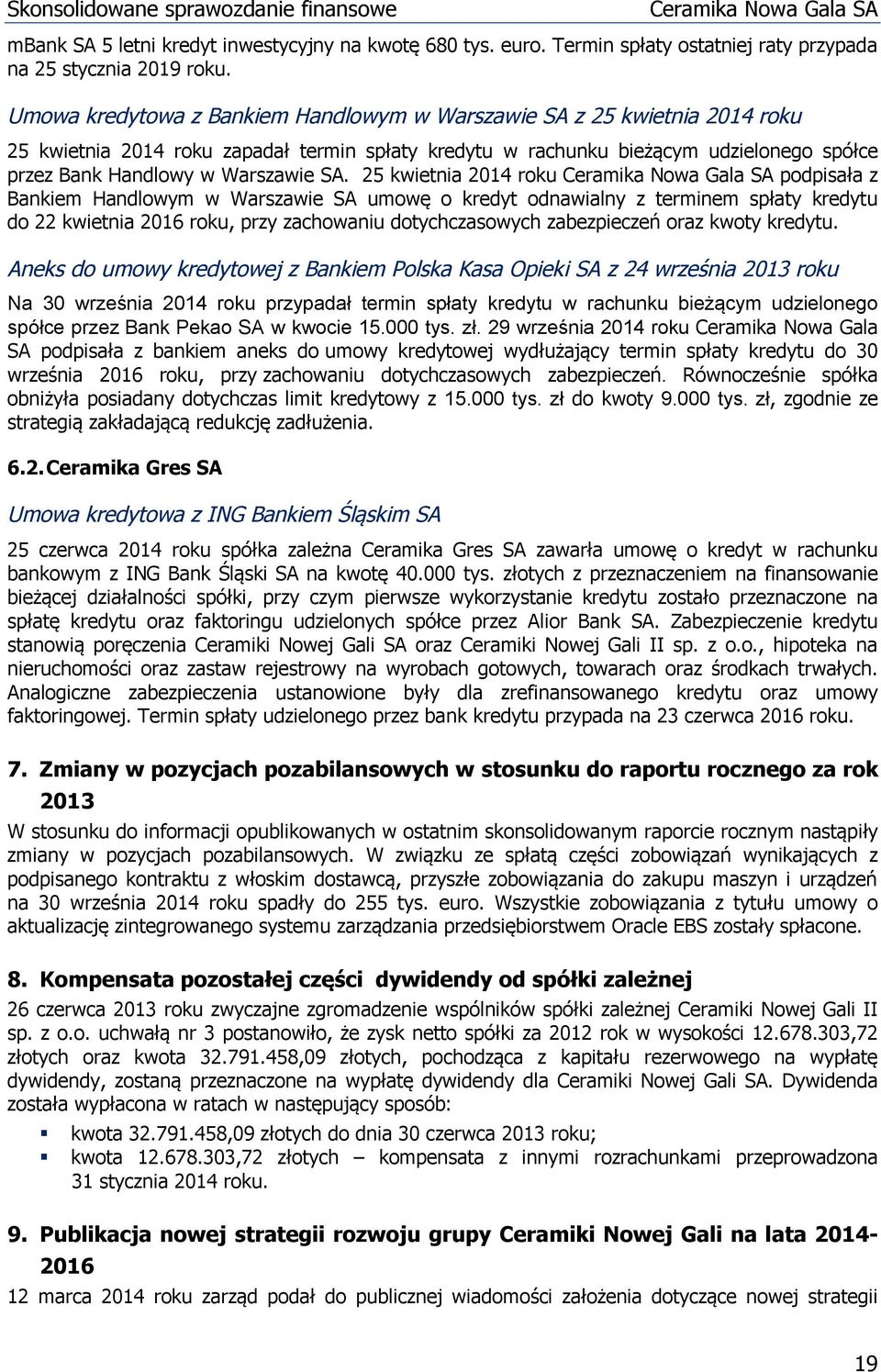 25 kwietnia roku podpisała z Bankiem Handlowym w Warszawie SA umowę o kredyt odnawialny z terminem spłaty kredytu do 22 kwietnia 2016 roku, przy zachowaniu dotychczasowych zabezpieczeń oraz kwoty