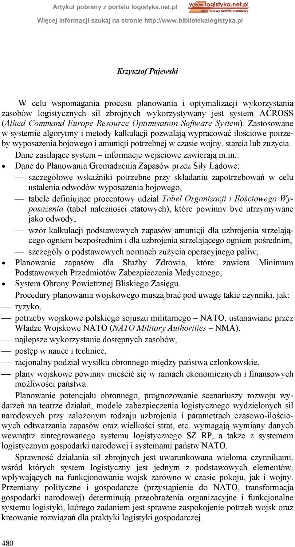 Dane zasilające system inf