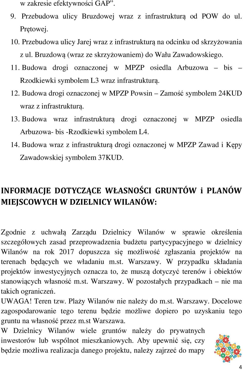 Budowa drogi oznaczonej w MPZP Powsin Zamość symbolem 24KUD wraz z infrastrukturą. 13. Budowa wraz infrastrukturą drogi oznaczonej w MPZP osiedla Arbuzowa- bis -Rzodkiewki symbolem L4. 14.