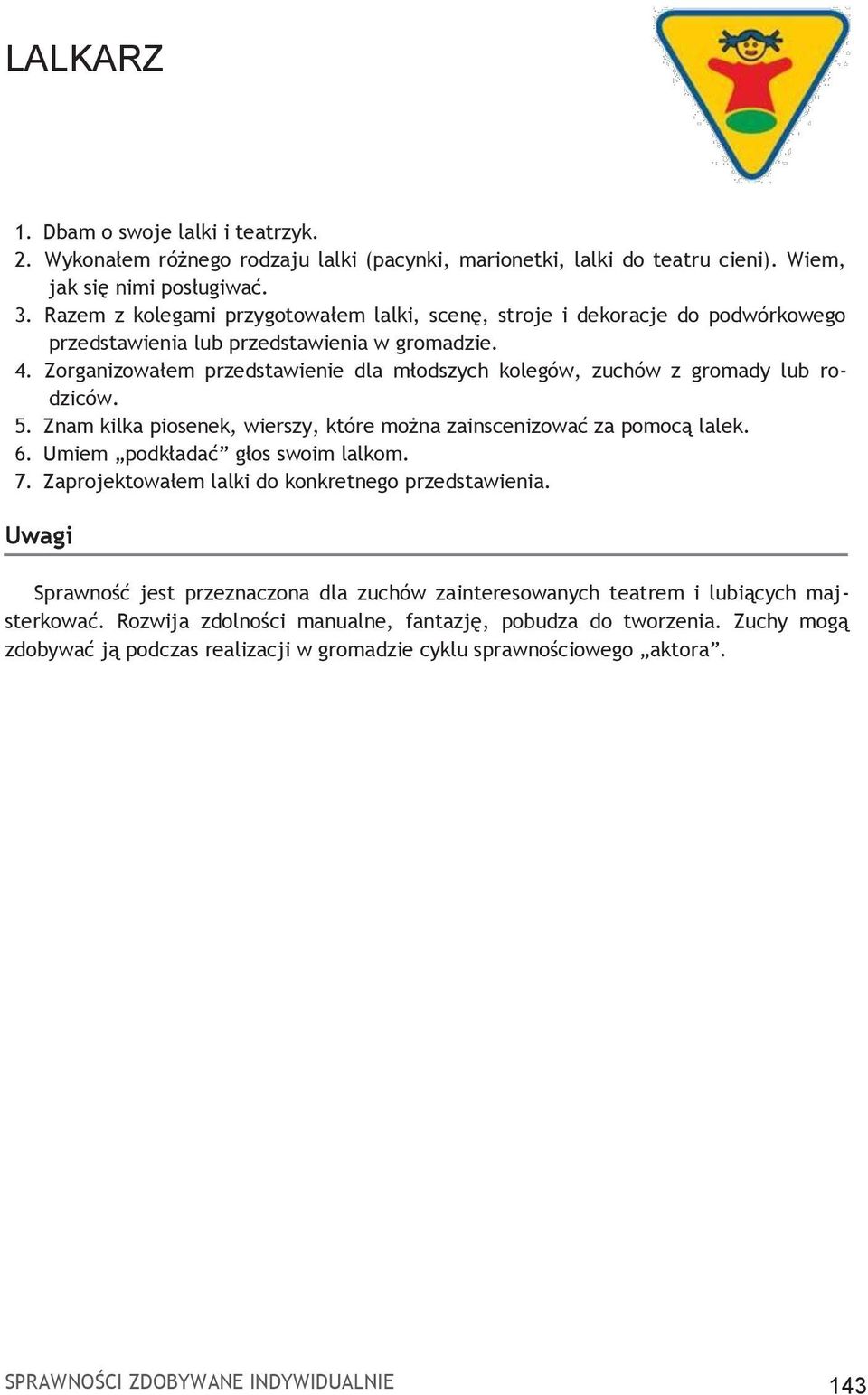 Zorganizowałem przedstawienie dla młodszych kolegów, zuchów z gromady lub rodziców. 5. Znam kilka piosenek, wierszy, które można zainscenizować za pomocą lalek. 6. Umiem podkładać głos swoim lalkom.