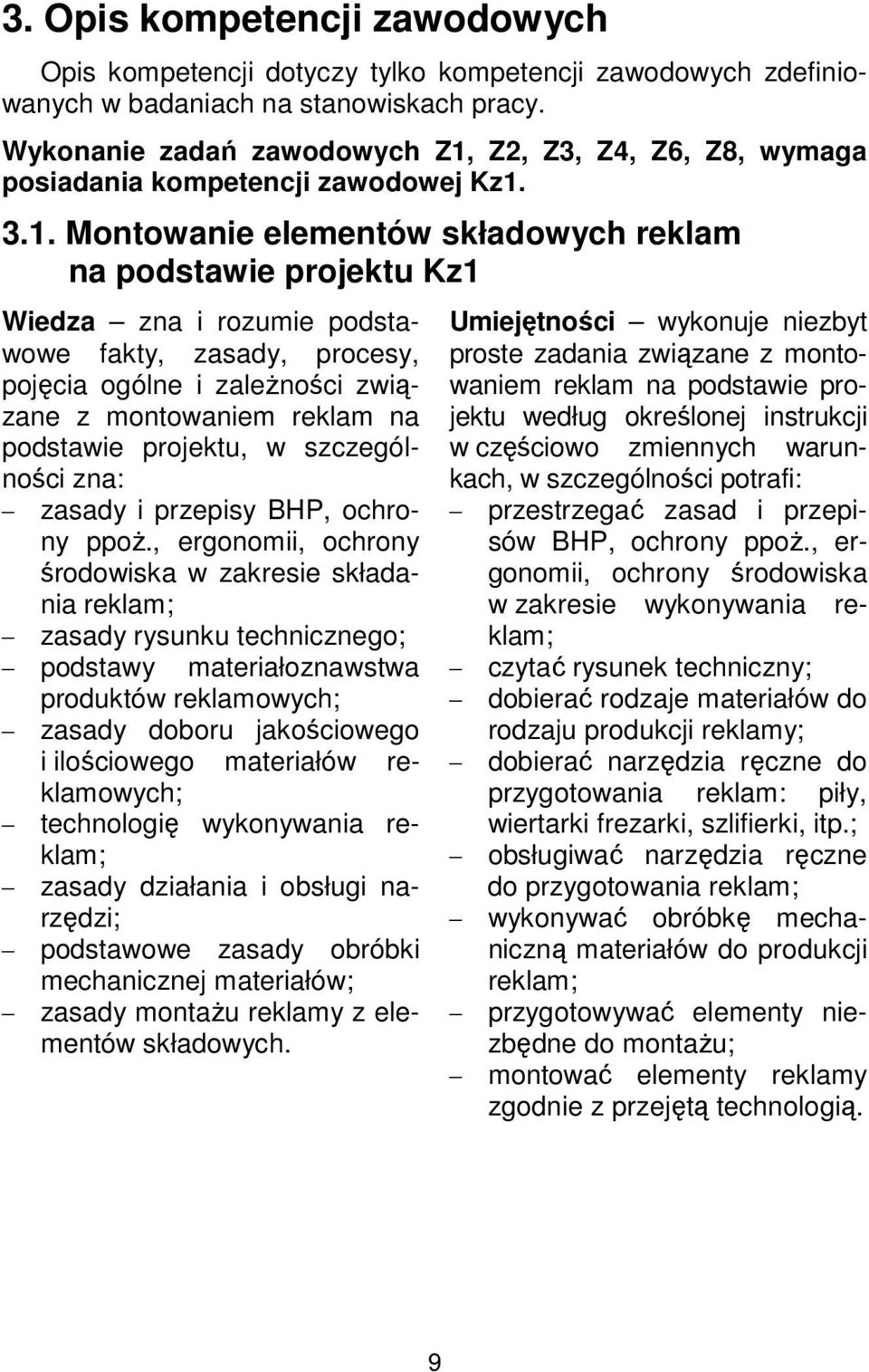 Z2, Z3, Z4, Z6, Z8, wymaga posiadania kompetencji zawodowej Kz1.