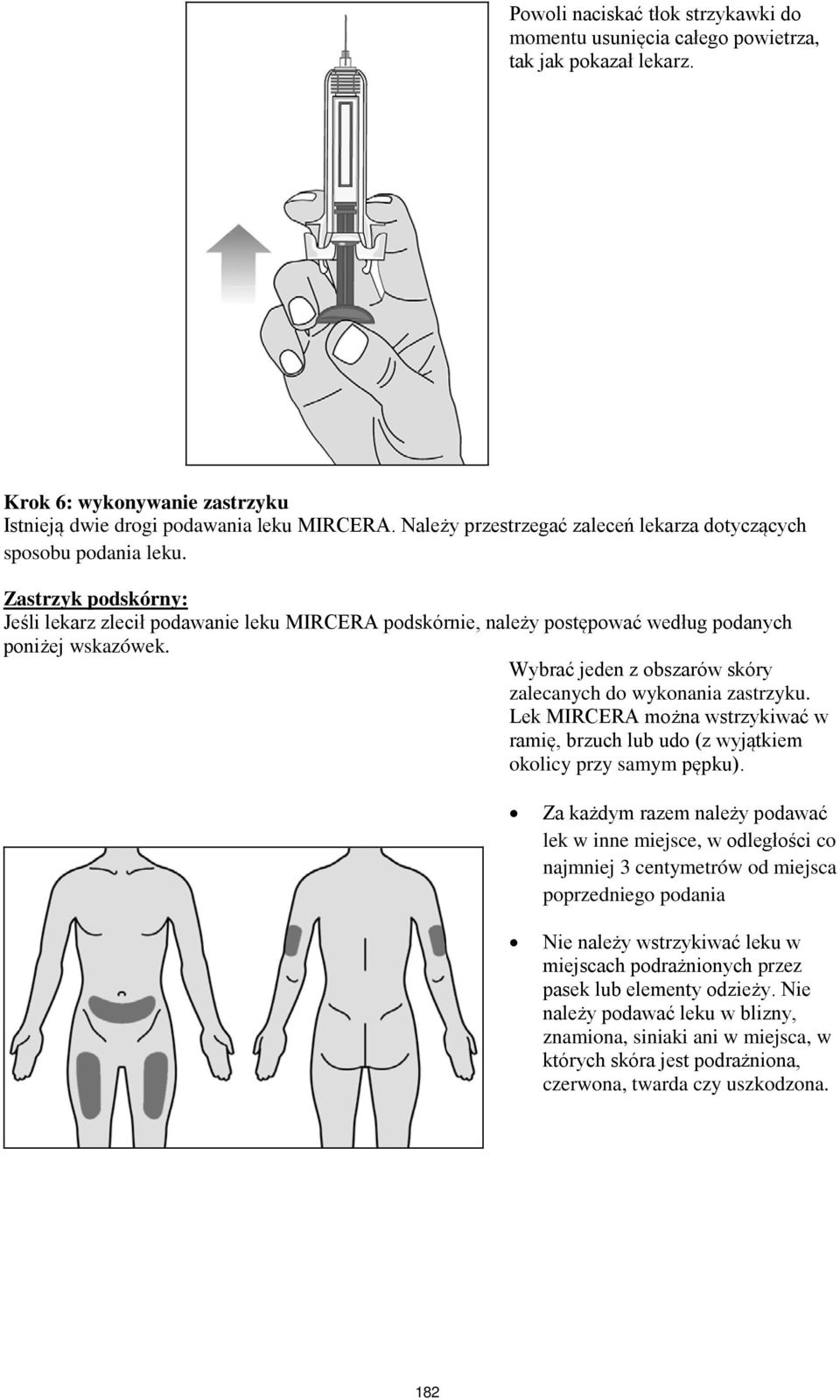 Wybrać jeden z obszarów skóry zalecanych do wykonania zastrzyku. Lek MIRCERA można wstrzykiwać w ramię, brzuch lub udo (z wyjątkiem okolicy przy samym pępku).