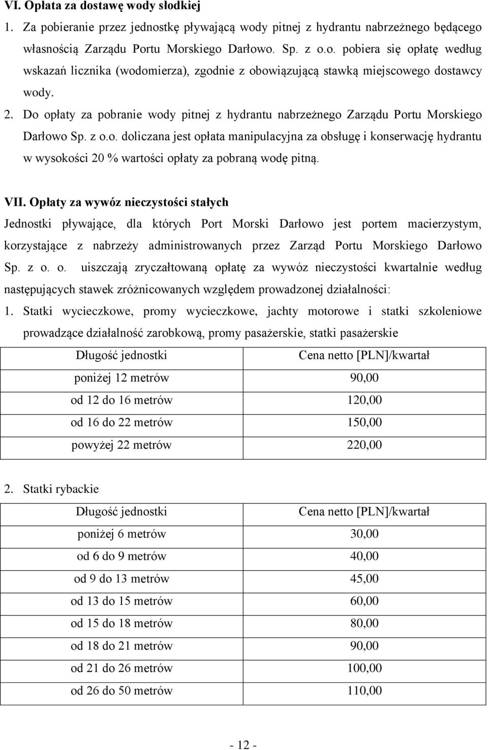 VII. Opłaty za wywóz nieczystości stałych Jednostki pływające, dla których Port Morski Darłowo jest portem macierzystym, korzystające z nabrzeży administrowanych przez Zarząd Portu Morskiego Darłowo