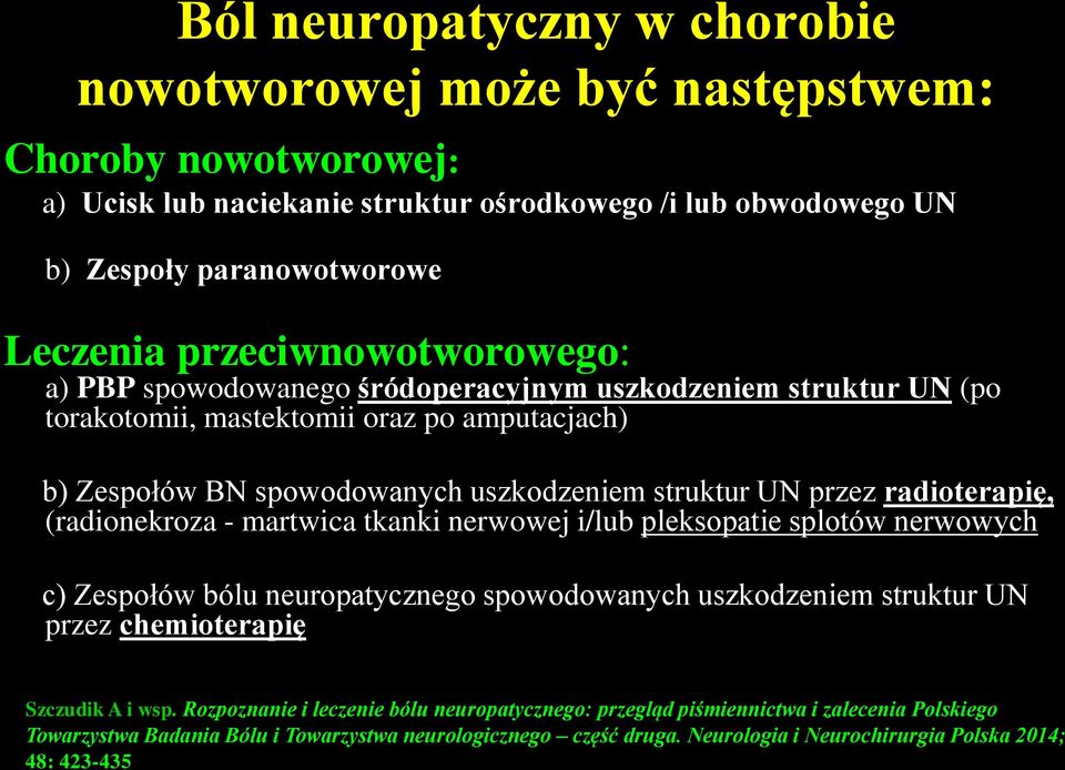 radioterapię, (radionekroza - martwica tkanki nerwowej i/lub pleksopatie splotów nerwowych c) Zespołów bólu neuropatycznego spowodowanych uszkodzeniem struktur UN przez chemioterapię Szczudik A i