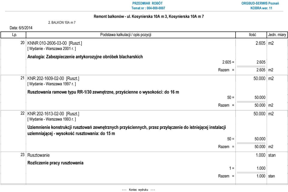 ] Rusztowania ramowe typu RR-1/30 zewnętrzne, przyścienne o wysokości: do 16 m 50 = 50.000 Razem = 50.000 m2 22 KNR 202-1613-02-00 [Ruszt.] 50.000 m2 [ Wydanie - Warszawa 1993 r.