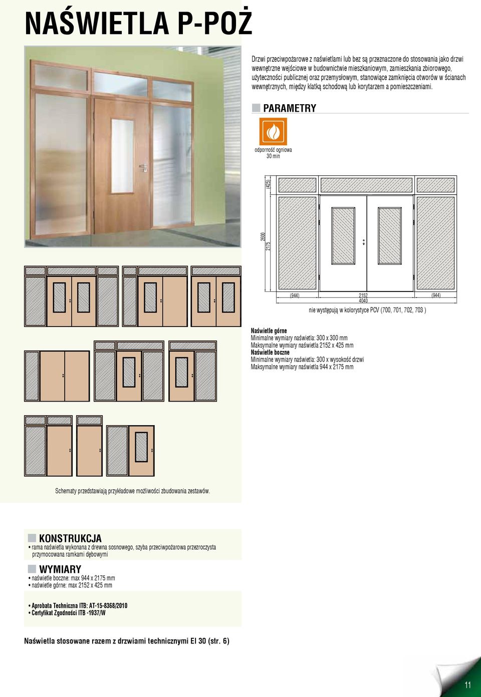 n PARAMETRY odporność ogniowa 30 min 2175 2600 (425) (944) 2152 4040 nie występują w kolorystyce PCV (700, 701, 702, 703 ) (944) Naświetle górne Minimalne wymiary naświetla: 300 x 300 mm Maksymalne