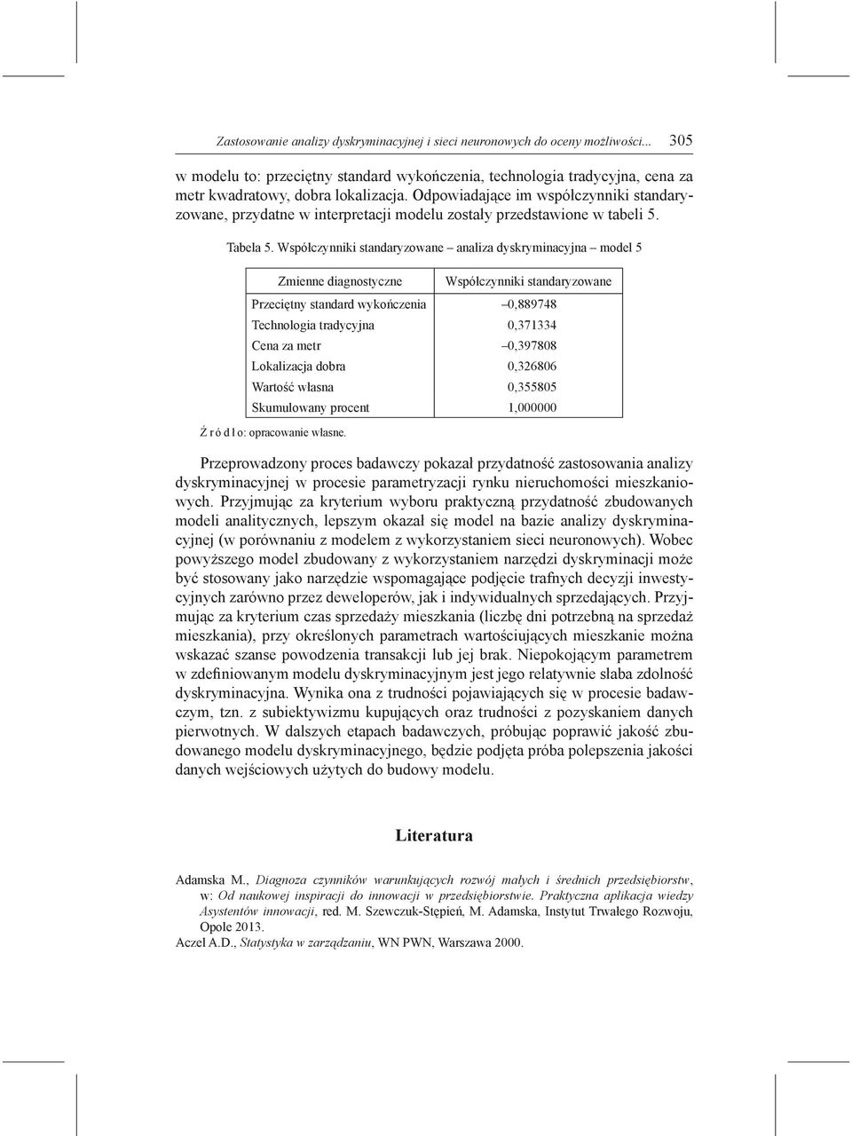 Współczynniki standaryzowane analiza dyskryminacyjna model 5 Zmienne diagnostyczne Współczynniki standaryzowane Przeciętny standard wykończenia 0,889748 Technologia tradycyjna 0,371334 Cena za metr