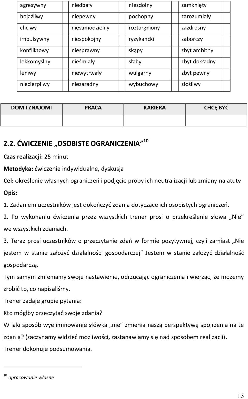 2. ĆWICZENIE OSOBISTE OGRANICZENIA 10 Czas realizacji: 25 minut Metodyka: ćwiczenie indywidualne, dyskusja Cel: określenie własnych ograniczeń i podjęcie próby ich neutralizacji lub zmiany na atuty