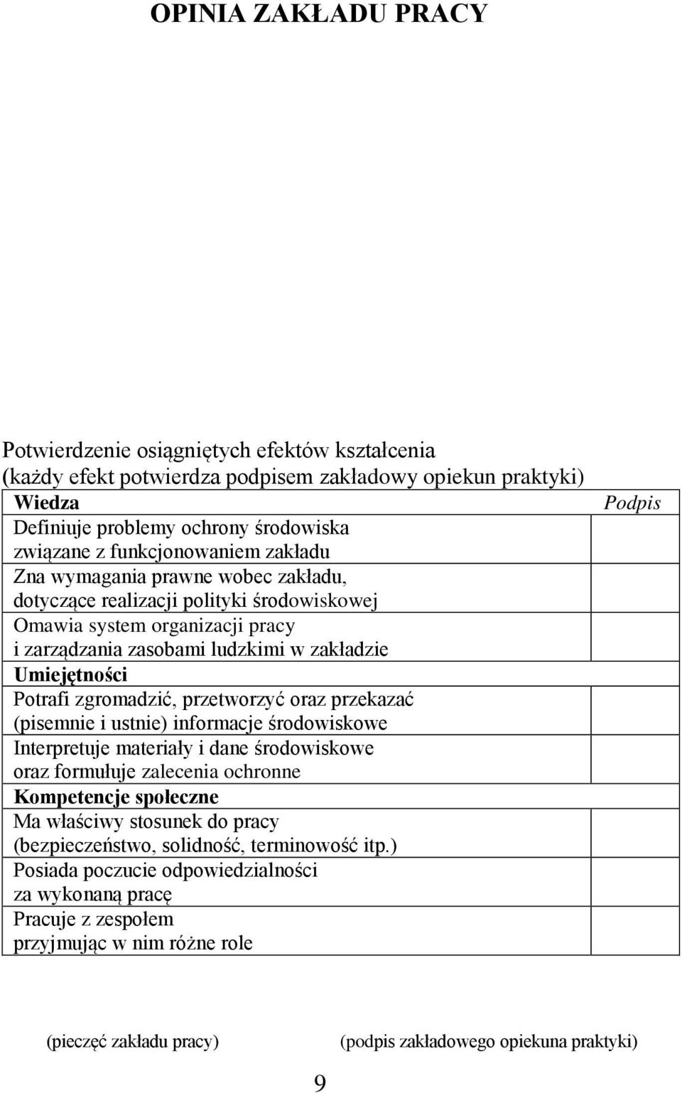 Potrafi zgromadzić, przetworzyć oraz przekazać (pisemnie i ustnie) informacje środowiskowe Interpretuje materiały i dane środowiskowe oraz formułuje zalecenia ochronne Kompetencje społeczne Ma