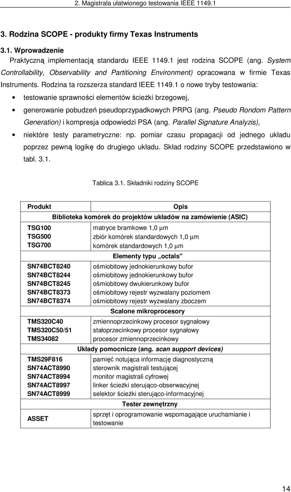 1 o nowe tryby testowania: testowanie sprawności elementów ścieŝki brzegowej, generowanie pobudzeń pseudoprzypadkowych PRPG (ang. Pseudo Rondom Pattern Generation) i kompresja odpowiedzi PSA (ang.