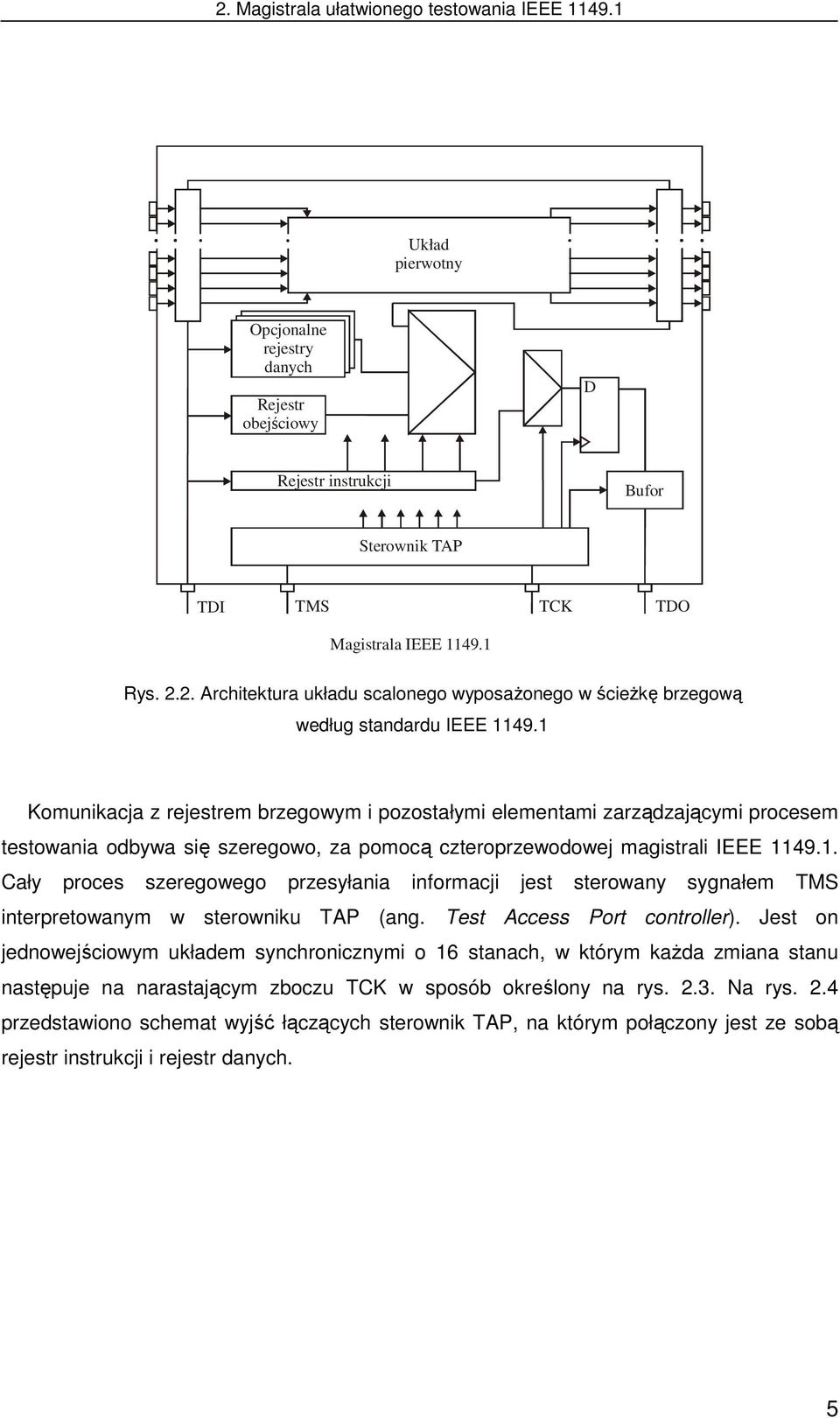 1 Komunikacja z rejestrem brzegowym i pozostałymi elementami zarządzającymi procesem testowania odbywa się szeregowo, za pomocą czteroprzewodowej magistrali IEEE 1149.1. Cały proces szeregowego przesyłania informacji jest sterowany sygnałem interpretowanym w sterowniku TAP (ang.