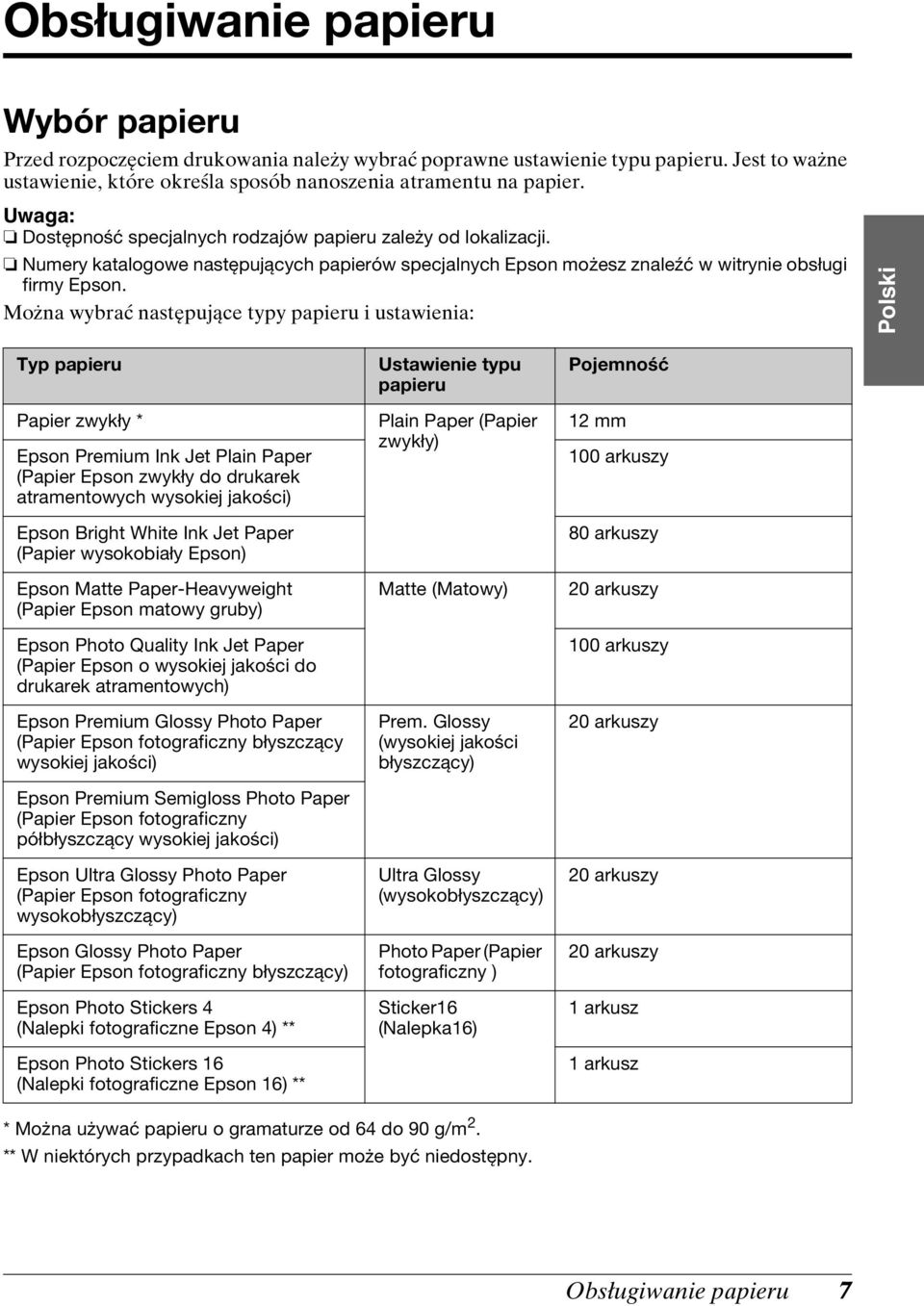 Można wybrać następujące typy papieru i ustawienia: Polski Typ papieru Papier zwykły * Epson Premium Ink Jet Plain Paper (Papier Epson zwykły do drukarek atramentowych wysokiej jakości) Epson Bright