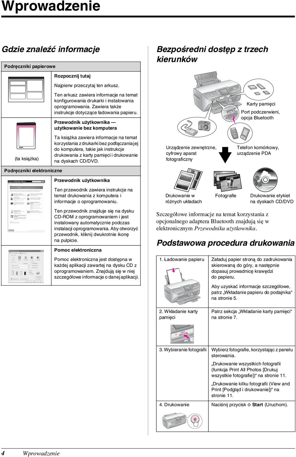 Przewodnik użytkownika użytkowanie bez komputera Karty pamięci Port podczerwieni, opcja Bluetooth (ta książka) Ta książka zawiera informacje na temat korzystania z drukarki bez podłączania jej do