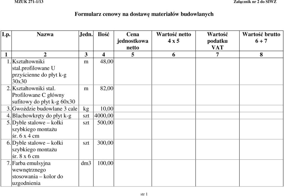 profilowane U przyścienne do płyt k-g 30x30 m 48,00 2. Kształtowniki stal. Profilowane C główny sufitowy do płyt k-g 60x30 m 82,00 3.