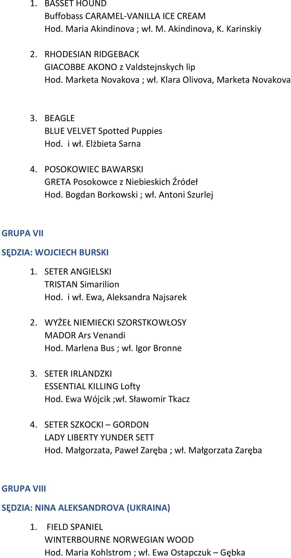 Antoni Szurlej GRUPA VII SĘDZIA: WOJCIECH BURSKI 1. SETER ANGIELSKI TRISTAN Simarilion Hod. i wł. Ewa, Aleksandra Najsarek 2. WYŻEŁ NIEMIECKI SZORSTKOWŁOSY MADOR Ars Venandi Hod. Marlena Bus ; wł.