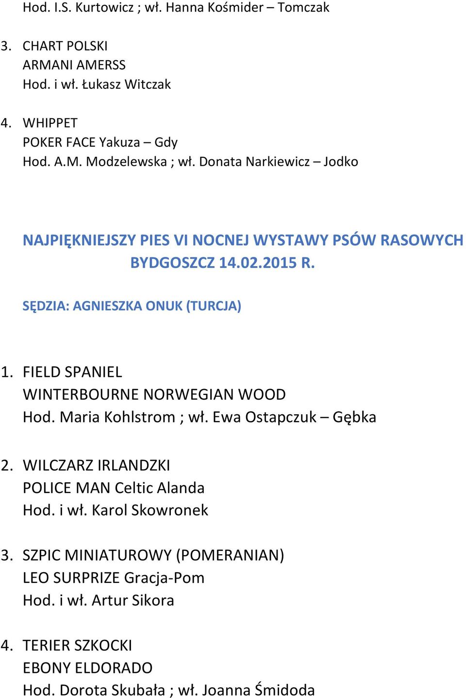 FIELD SPANIEL WINTERBOURNE NORWEGIAN WOOD Hod. Maria Kohlstrom ; wł. Ewa Ostapczuk Gębka 2. WILCZARZ IRLANDZKI POLICE MAN Celtic Alanda Hod. i wł.