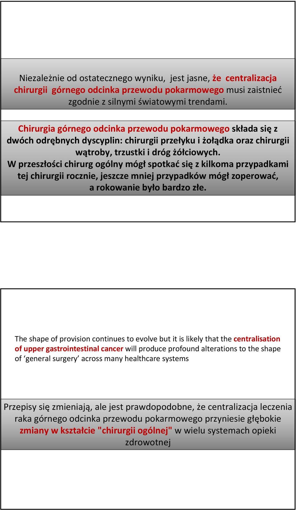 że centralizacja Historically, chirurgii górnego any given general odcinka surgeon przewodu would pokarmowego see relatively few cases musi each zaistnieć year, resect even fewer zgodnie and outcomes