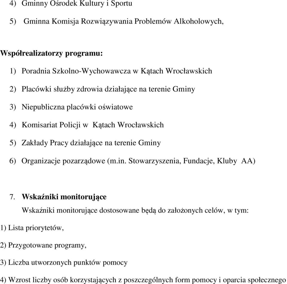 działające na terenie Gminy 6) Organizacje pozarządowe (m.in. Stowarzyszenia, Fundacje, Kluby AA) 7.