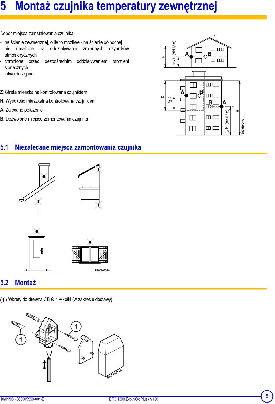 mieszkalna kontrolowana czujnikiem H: Wysokość mieszkalna kontrolowana czujnikiem A: Zalecane położenie B: Dozwolone miejsce zamontowania czujnika 5.