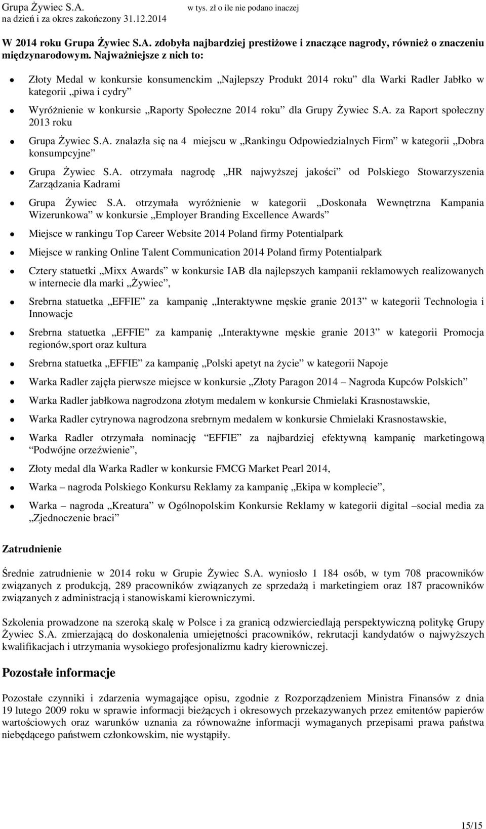 Grupy Żywiec S.A. za Raport społeczny 2013 roku Grupa Żywiec S.A. znalazła się na 4 miejscu w Rankingu Odpowiedzialnych Firm w kategorii Dobra konsumpcyjne Grupa Żywiec S.A. otrzymała nagrodę HR najwyższej jakości od Polskiego Stowarzyszenia Zarządzania Kadrami Grupa Żywiec S.