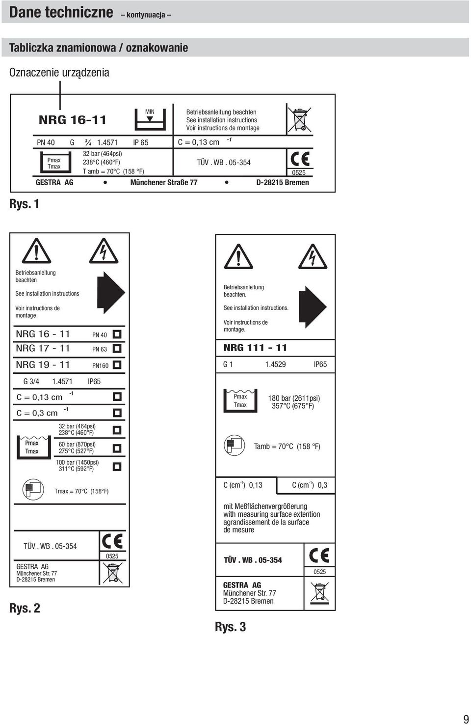 05-354 Tmax T amb = 70 C (158 F) 0525 GESTRA AG Münchener Straße 77 D-28215 Bremen -1 Betriebsanleitung beachten See installation instructions Voir instructions de montage NRG 16-11 NRG 17-11 NRG