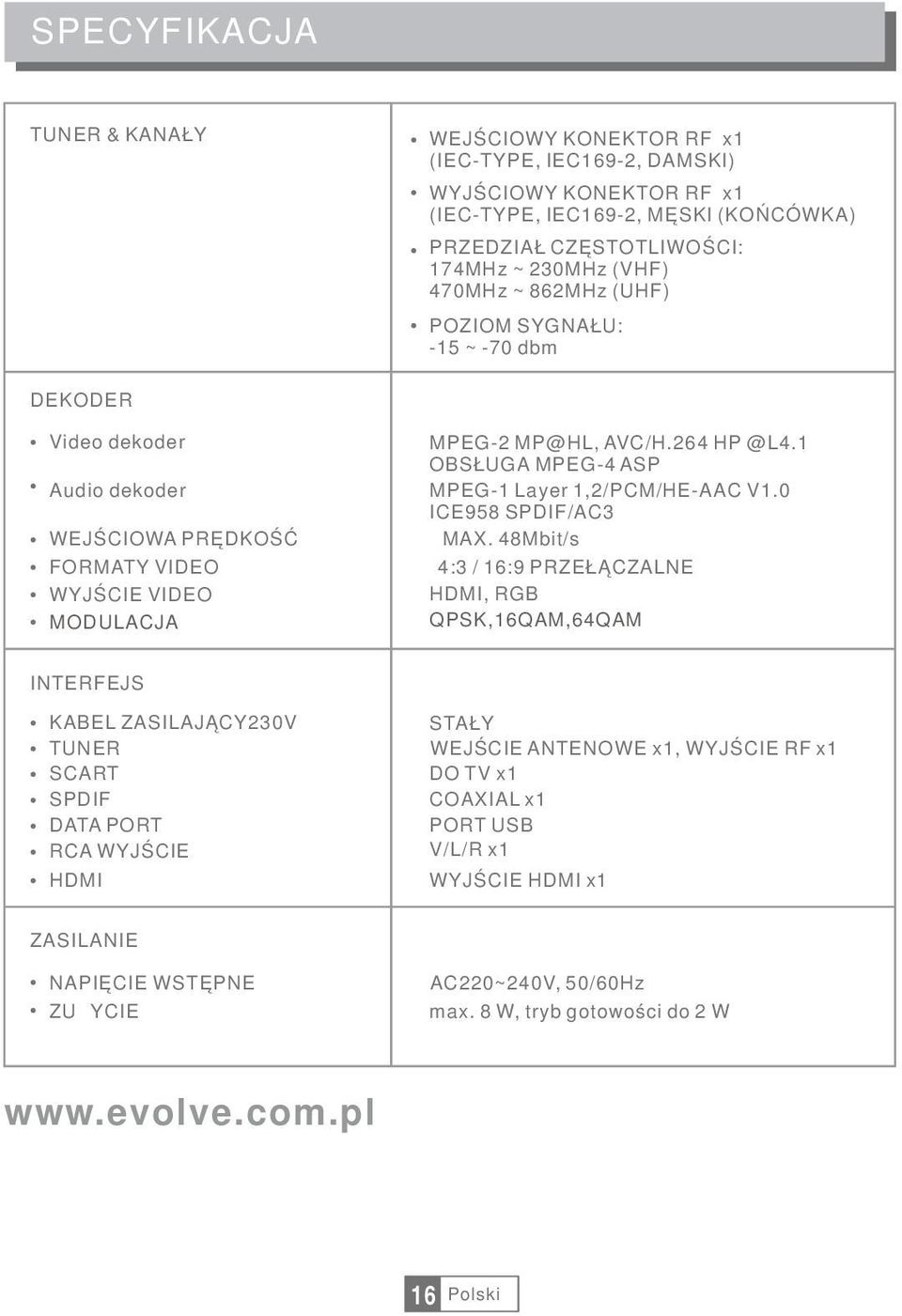 OBSŁUGA MPEG-4 ASP MPEG- Layer,/PCM/HE-AAC V.0 ICE958 SPDIF/AC3 MAX.