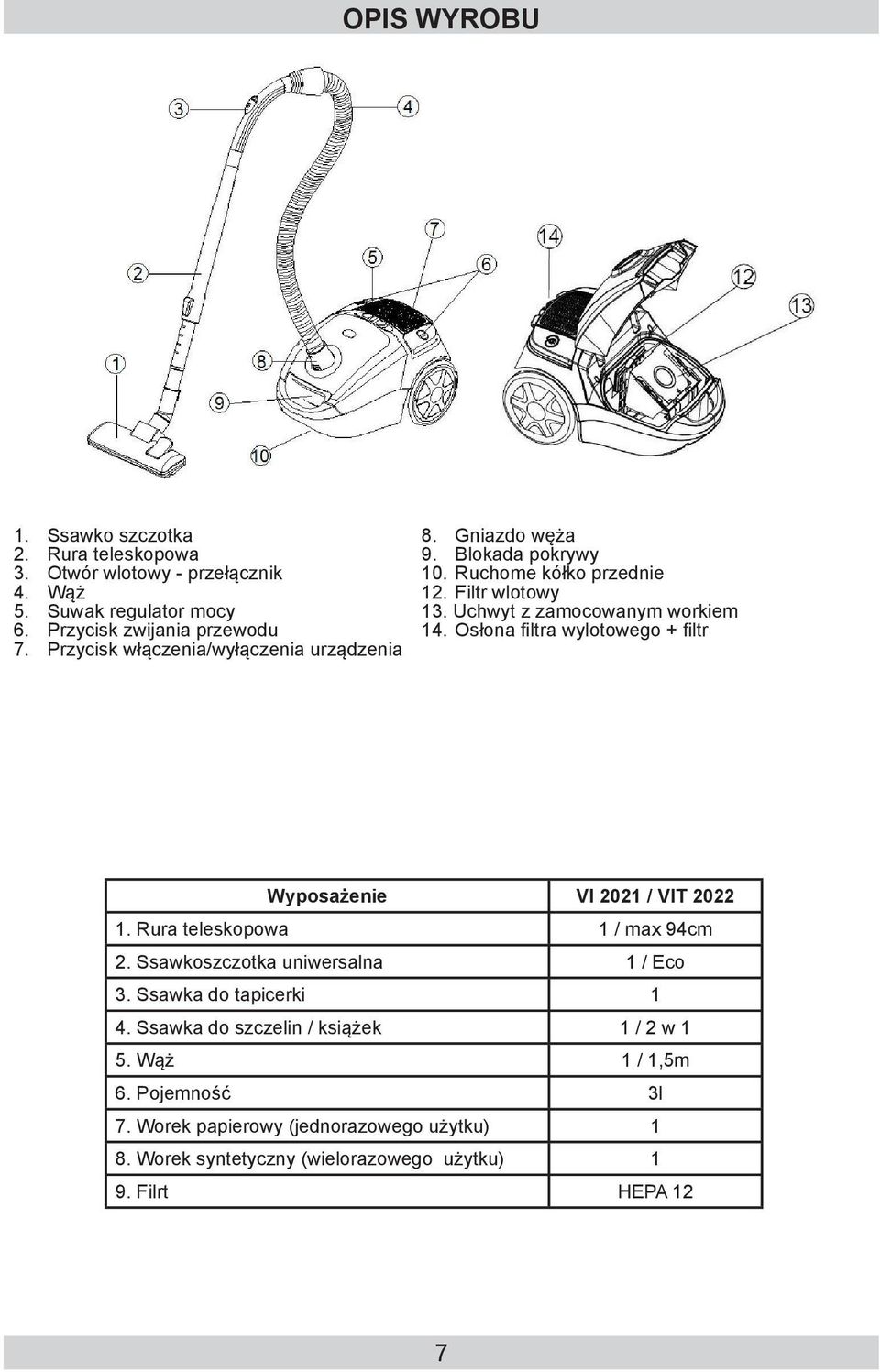 Osłona filtra wylotowego + filtr Wyposażenie VI 2021 / VIT 2022 1. Rura teleskopowa 1 / max 94cm 2. Ssawkoszczotka uniwersalna 1 / Eco 3. Ssawka do tapicerki 1 4.