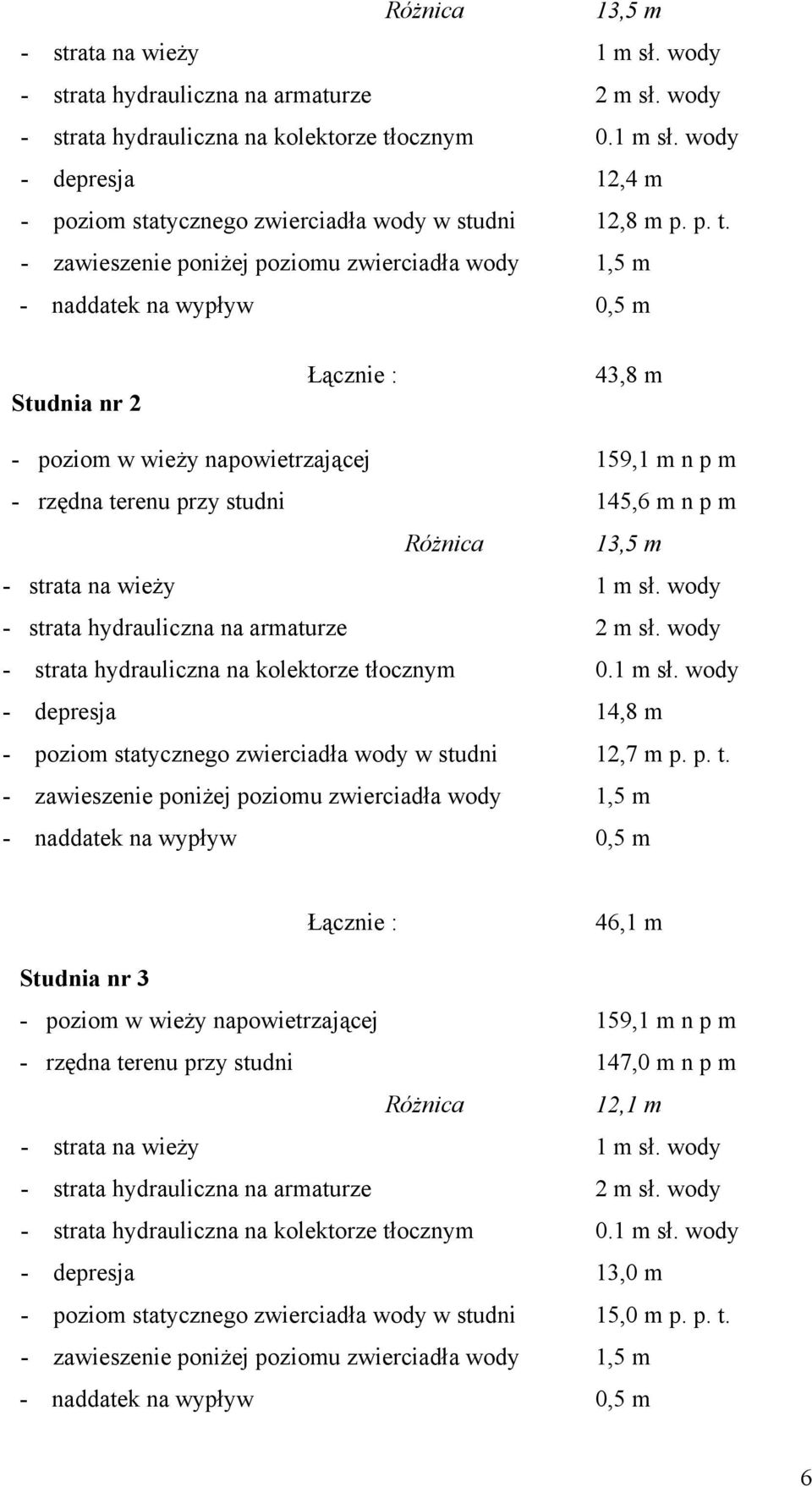 n p m Różnica 13,5 m - strata na wieży 1 m sł. wody - strata hydrauliczna na armaturze 2 m sł. wody - strata hydrauliczna na kolektorze tłocznym 0.1 m sł. wody - depresja 14,8 m - poziom statycznego zwierciadła wody w studni 12,7 m p.