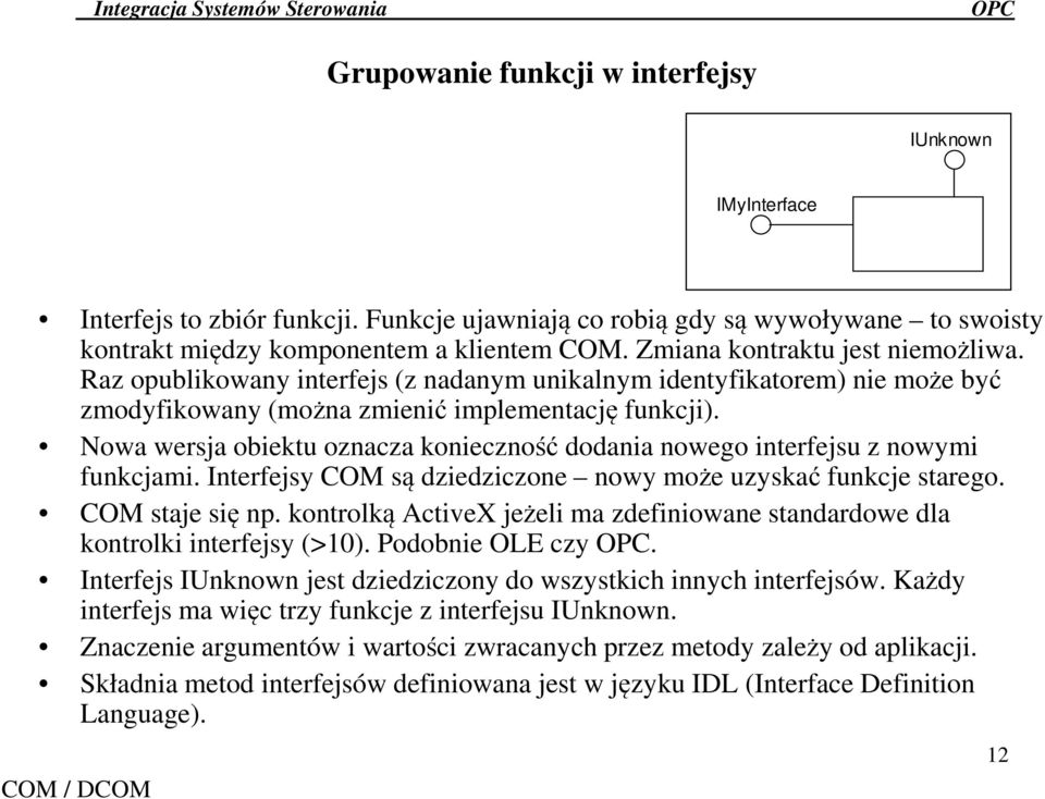 Nowa wersja obiektu oznacza konieczność dodania nowego interfejsu z nowymi funkcjami. Interfejsy COM są dziedziczone nowy może uzyskać funkcje starego. COM staje się np.