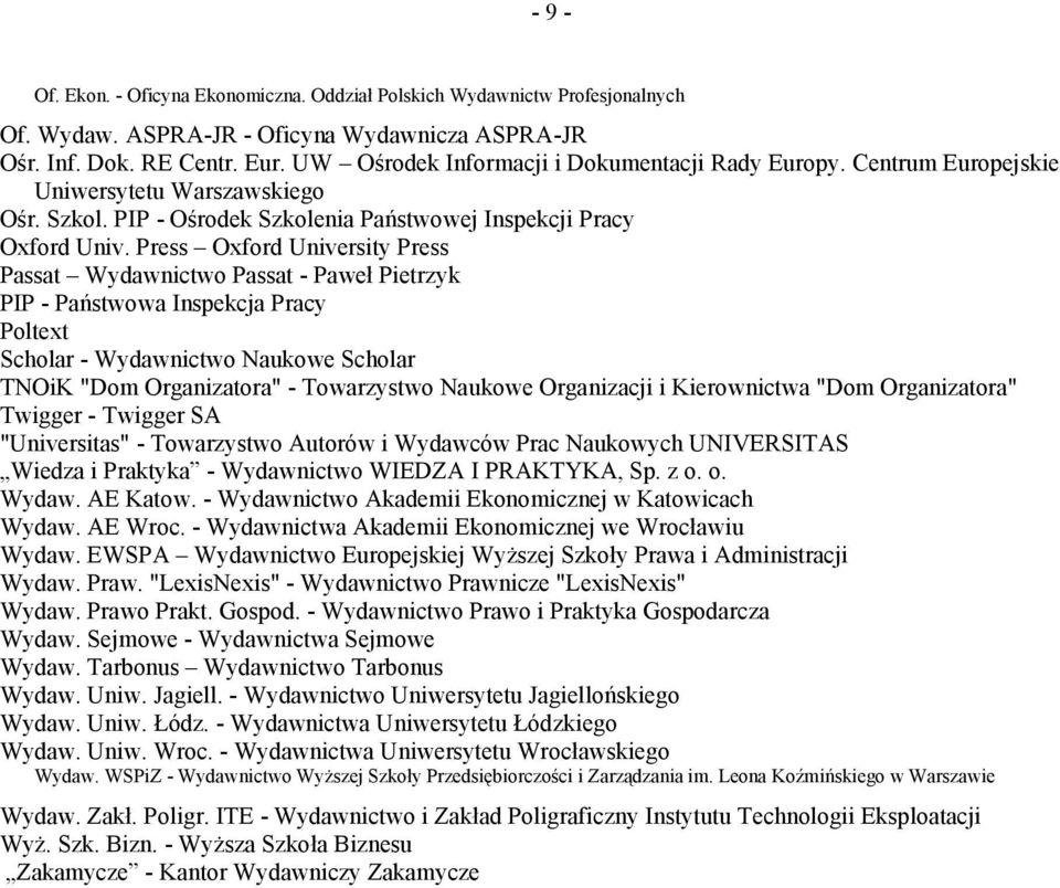 Press Oxford University Press Passat Wydawnictwo Passat - Paweł Pietrzyk PIP - Państwowa Inspekcja Pracy Poltext Scholar - Wydawnictwo Naukowe Scholar TNOiK "Dom Organizatora" - Towarzystwo Naukowe