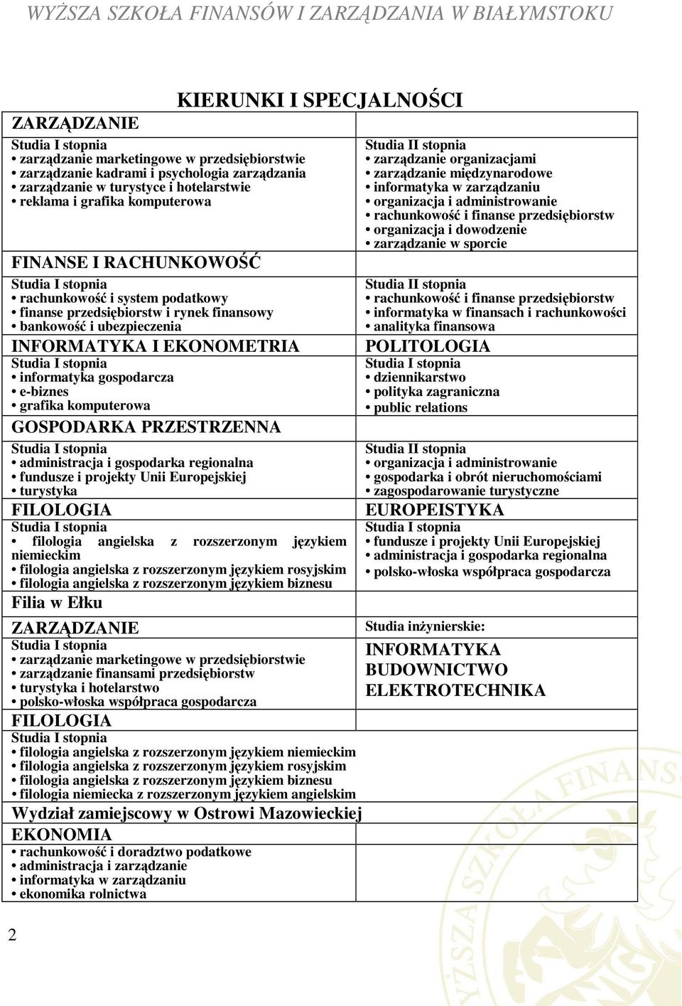 informatyka gospodarcza e-biznes grafika komputerowa GOSPODARKA PRZESTRZENNA Studia I stopnia administracja i gospodarka regionalna fundusze i projekty Unii Europejskiej turystyka FILOLOGIA Studia I