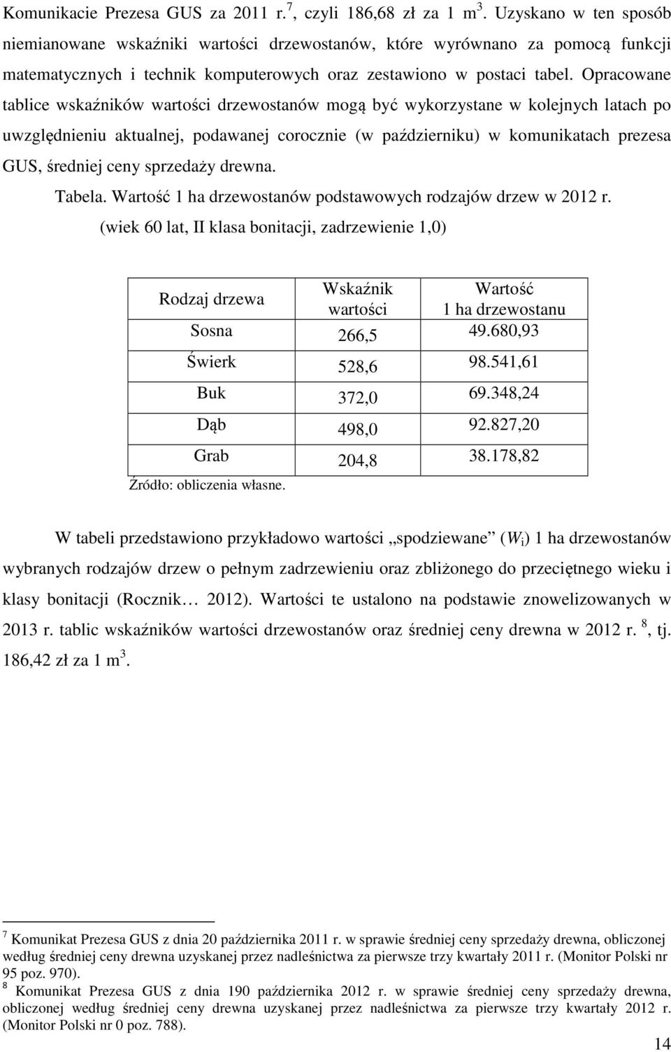 Opracowane tablice wskaźników wartości drzewostanów mogą być wykorzystane w kolejnych latach po uwzględnieniu aktualnej, podawanej corocznie (w październiku) w komunikatach prezesa GUS, średniej ceny