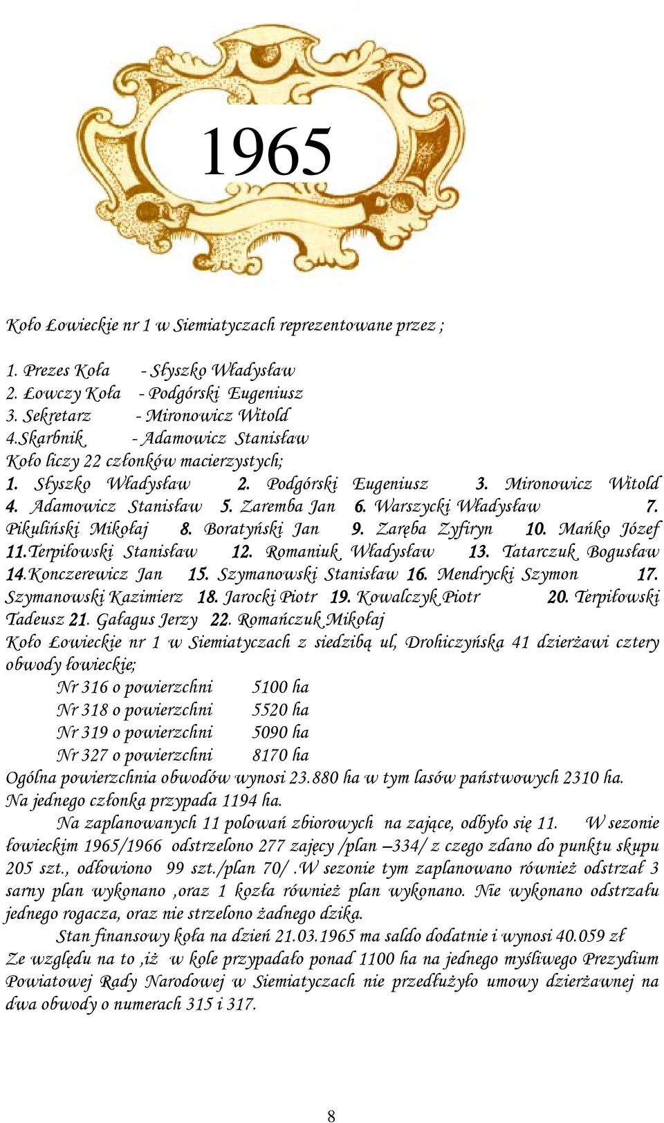 Pikuliński Mikołaj 8. Boratyński Jan 9. Zaręba Zyfiryn 10. Mańko Józef 11.Terpiłowski Stanisław 12. Romaniuk Władysław 13. Tatarczuk Bogusław 14.Konczerewicz Jan 15. Szymanowski Stanisław 16.